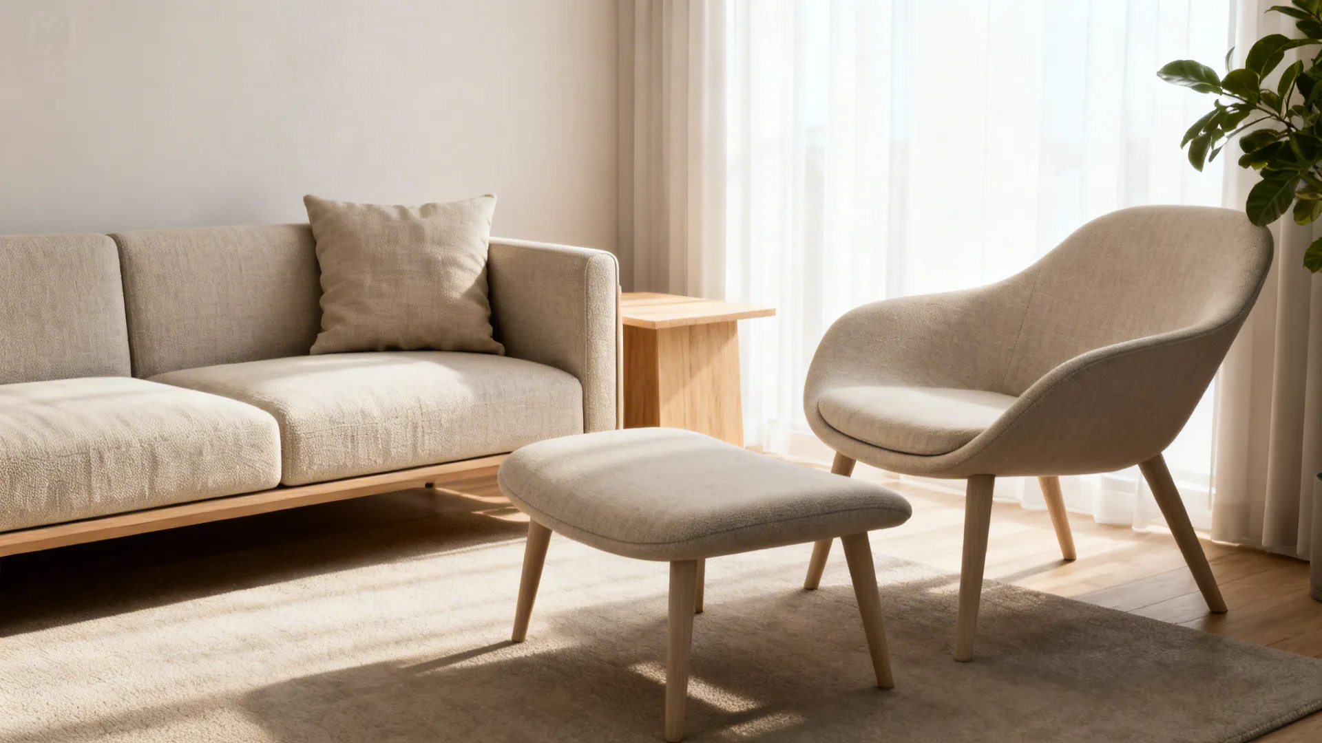 Slim-armed two-seater sofa with a sculptural lounge chair and matching leg heights in a bright small living room.