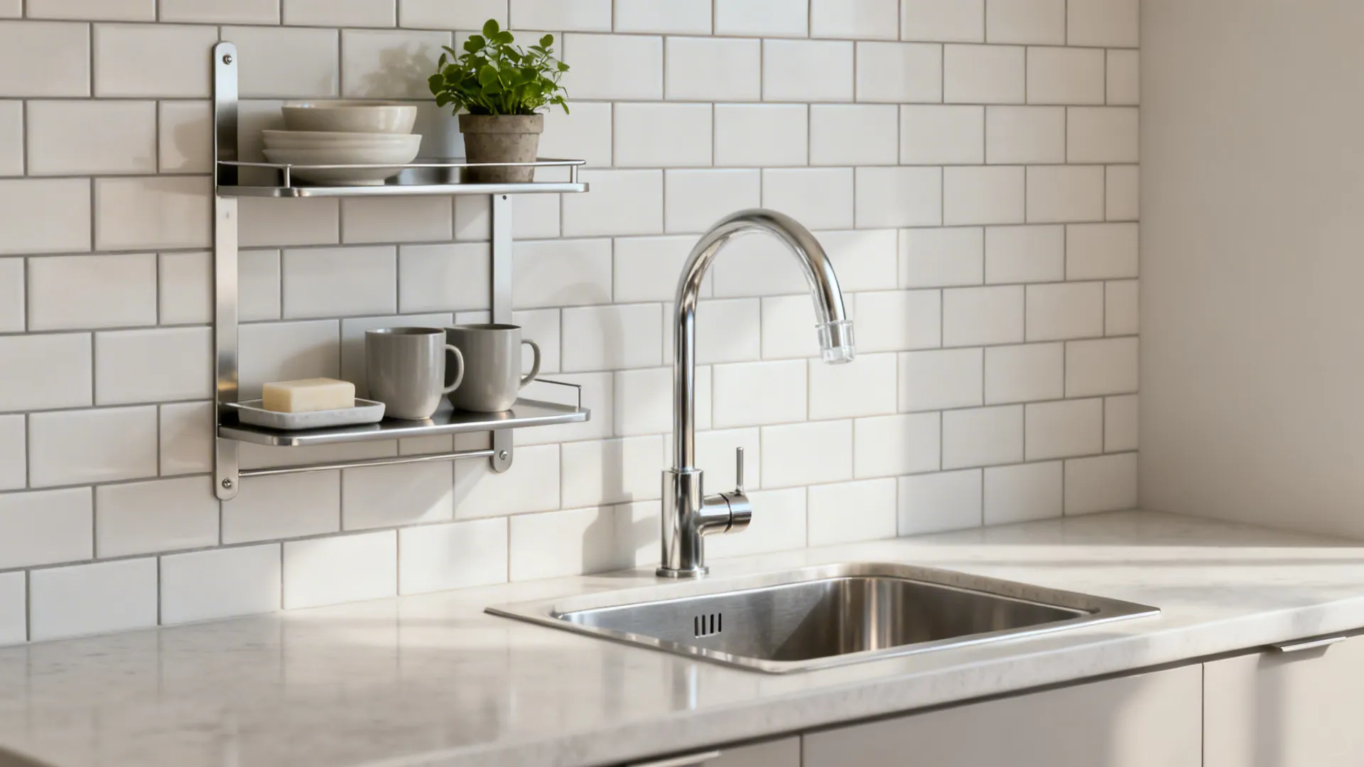 Slim two-tier stainless shelf above a sink with mugs, soap tray, and a small herb pot.