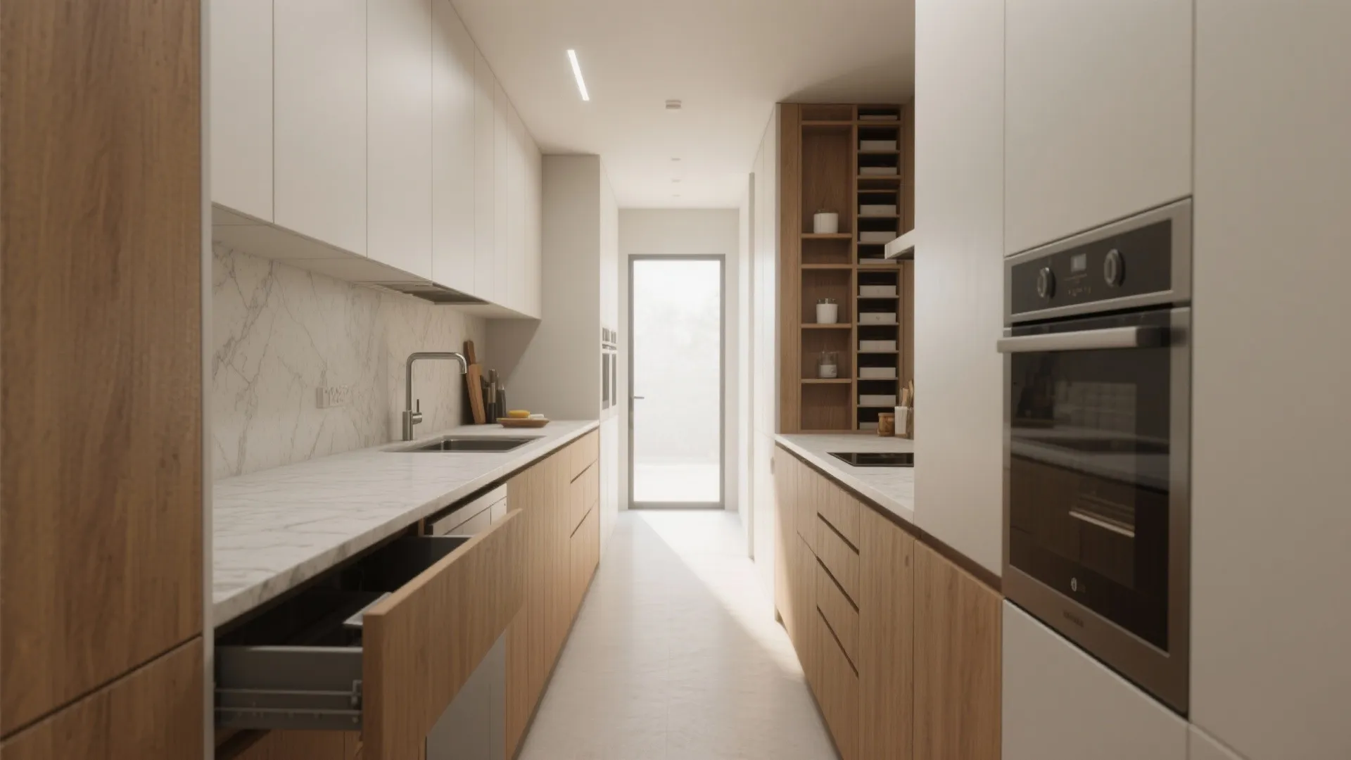 Minimalist kitchen with wood cabinets white upper units marble countertop and built in oven storage