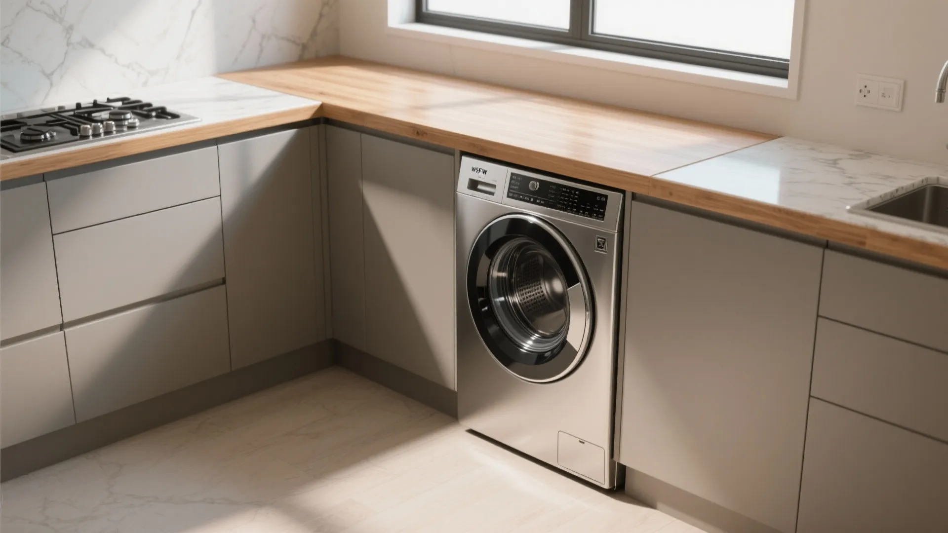 Slim front-load dryer neatly installed under a kitchen counter with integrated cabinetry and countertop workspace above.