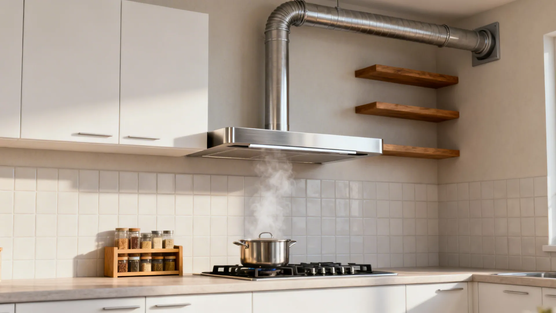 Slim under-cabinet range hood with short straight duct in a small kitchen.