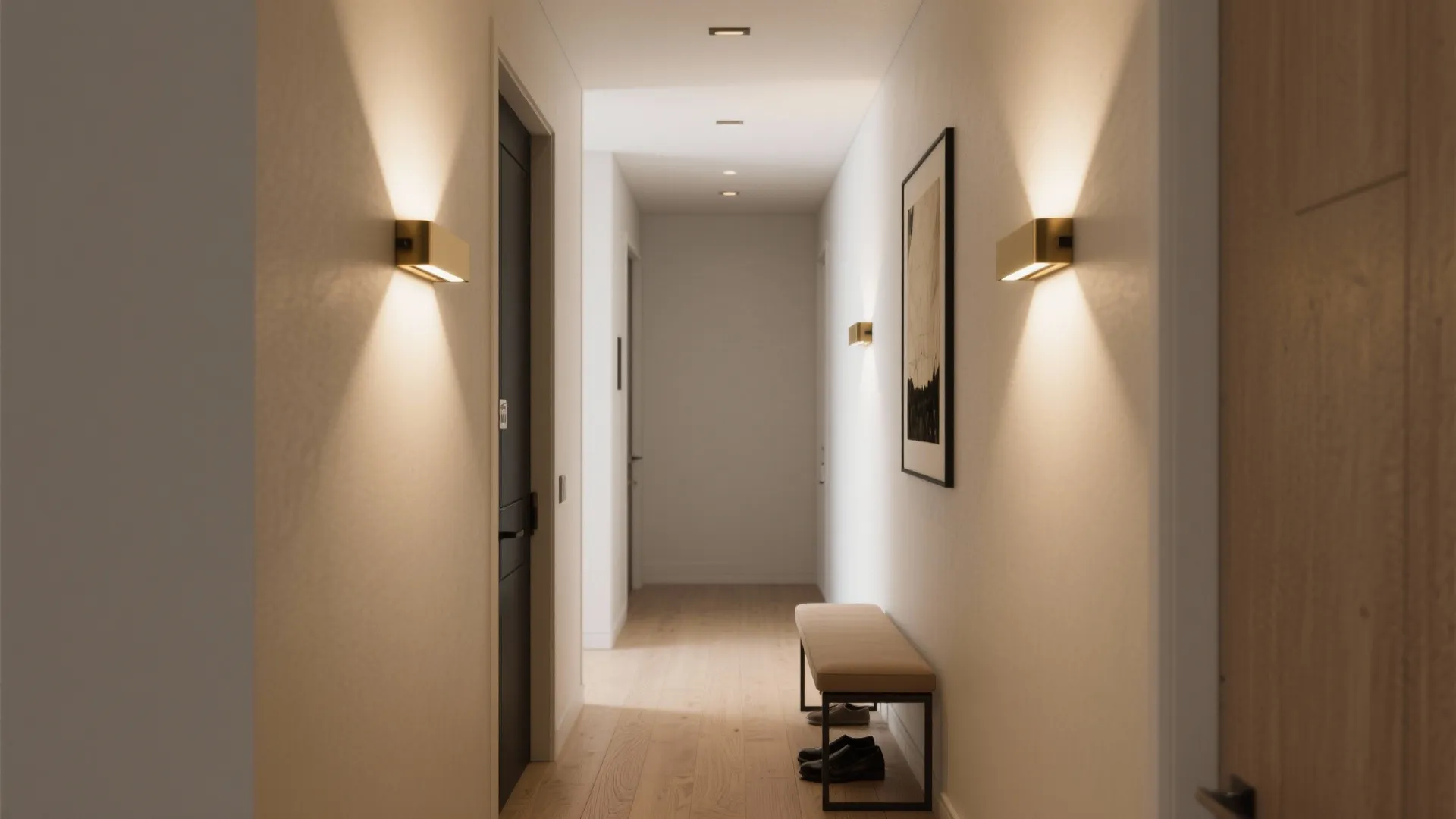 Ultra-slim uplight sconces in a narrow entry, softly washing the ceiling to lift the space.