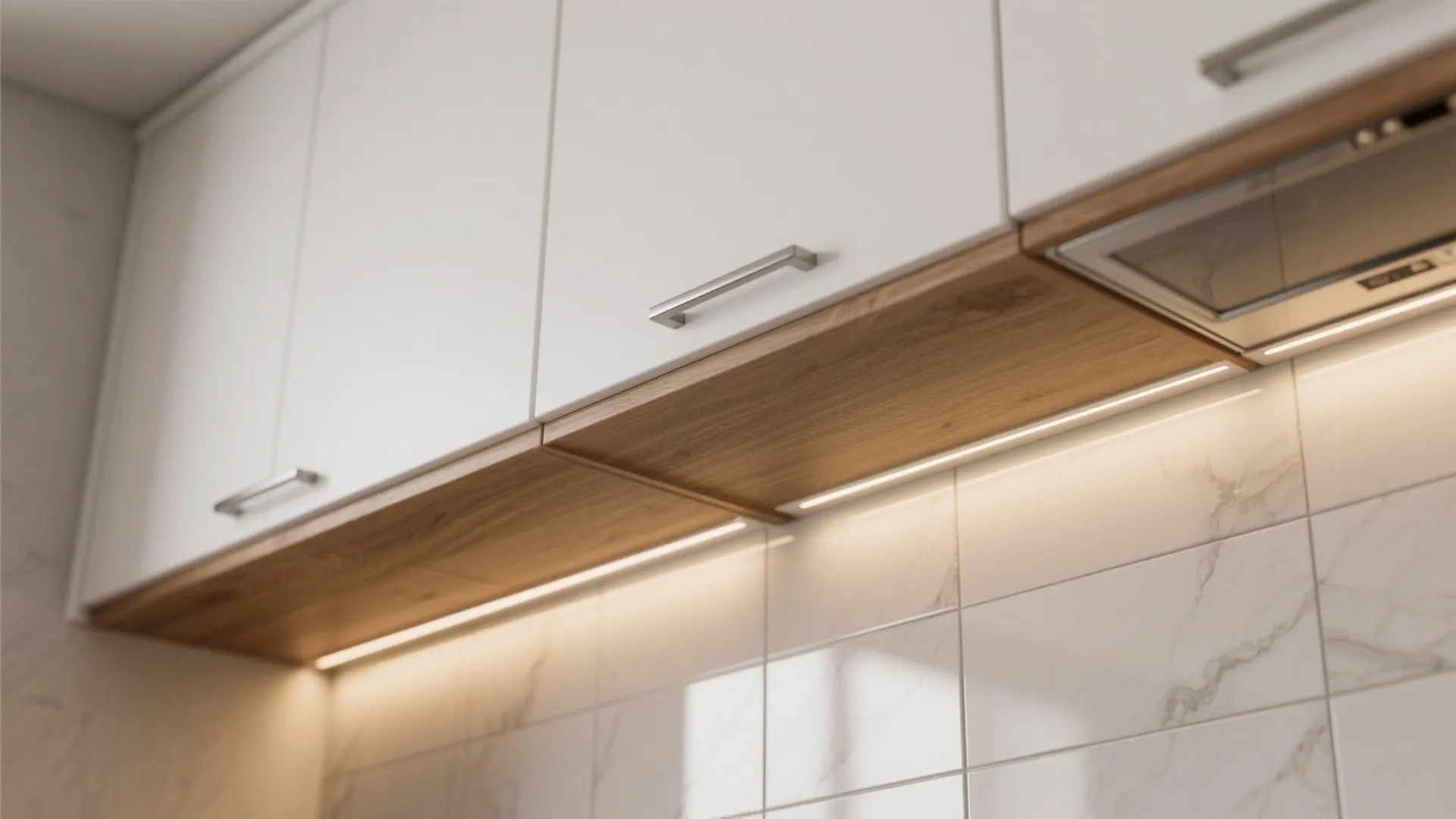 Slim Upper Cabinets with Lowered Drop Height + Open Shelf Rhythm