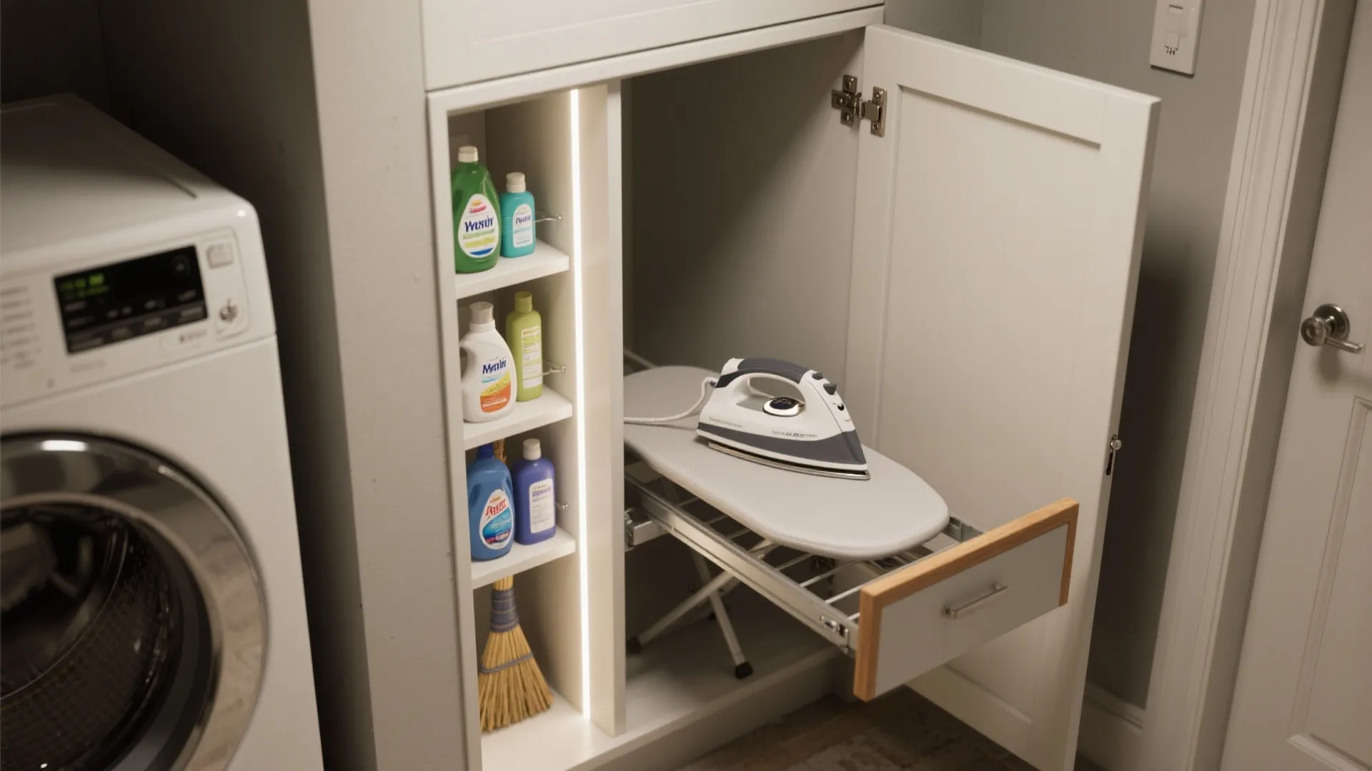Slim vertical utility cabinet with a hidden fold-down ironing board and storage for detergents.