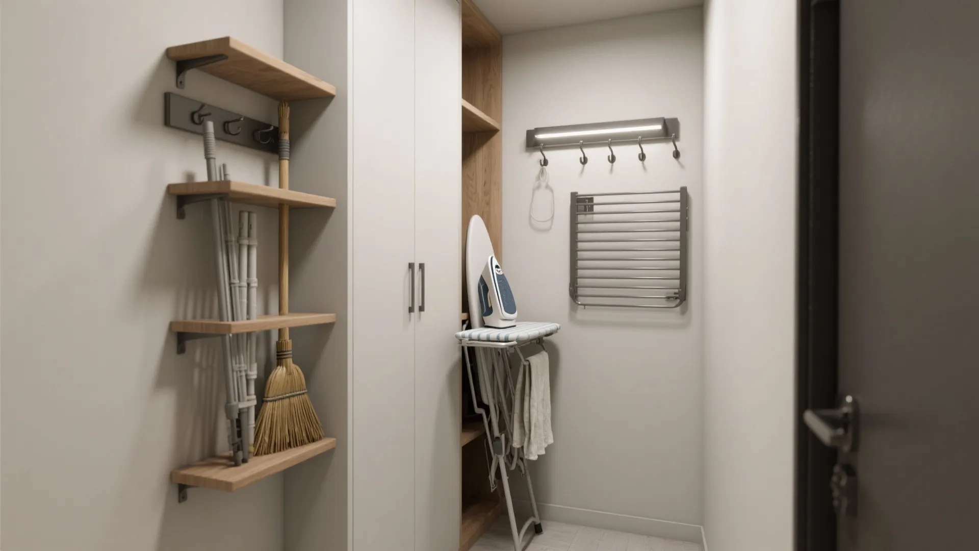 Slim tall cabinets and wall-mounted drying rack with a fold-down ironing board in a narrow laundry space