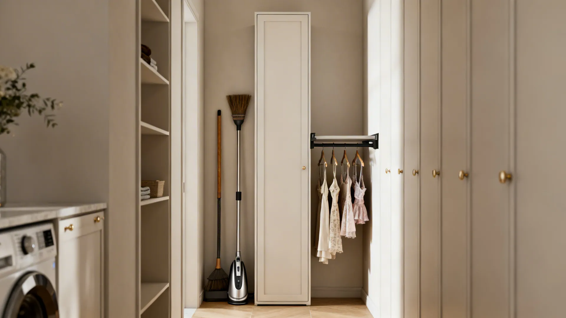 Slim tall utility cabinet with vertical storage and a hidden pull-out rod for hanging delicates