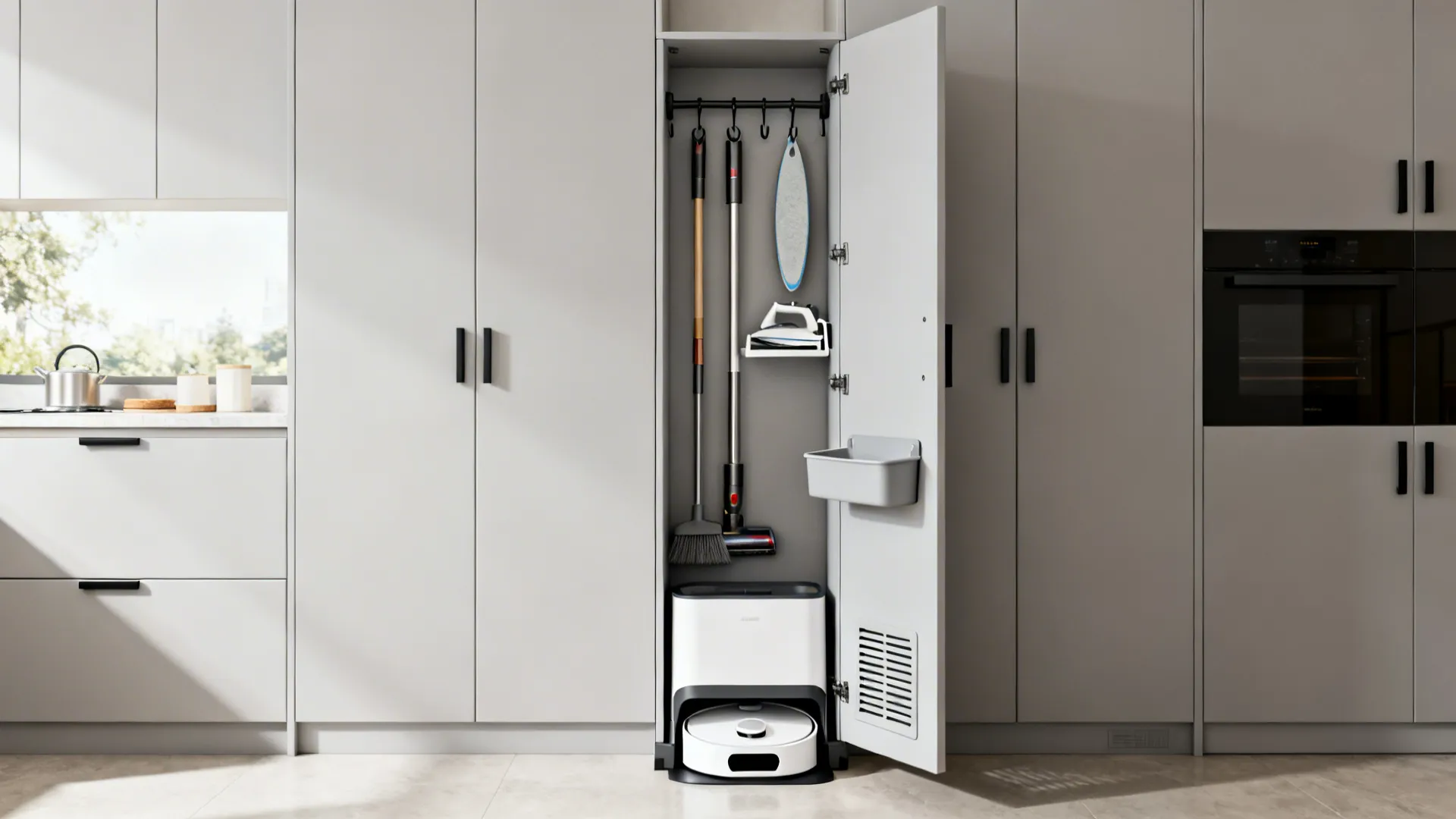 Slim tall kitchen tower with hooks, caddy, and vacuum dock organizing cleaning gear.
