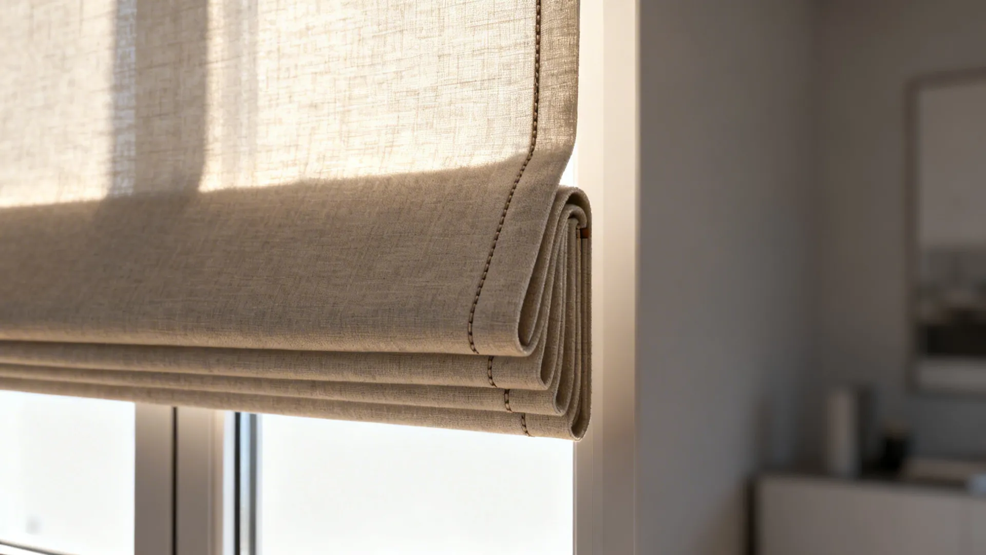 Close-up of a slim tailored valance showing crisp seams and linen texture