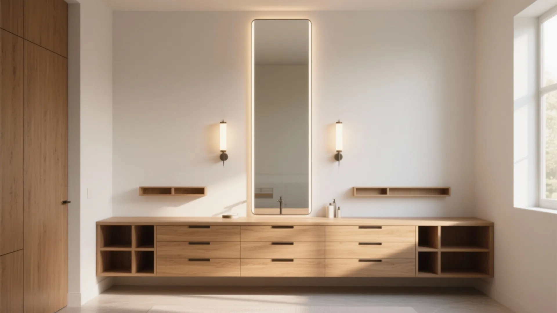 Minimalist wooden bathroom cabinet with long vertical mirror wall lights and small floating wall shelves