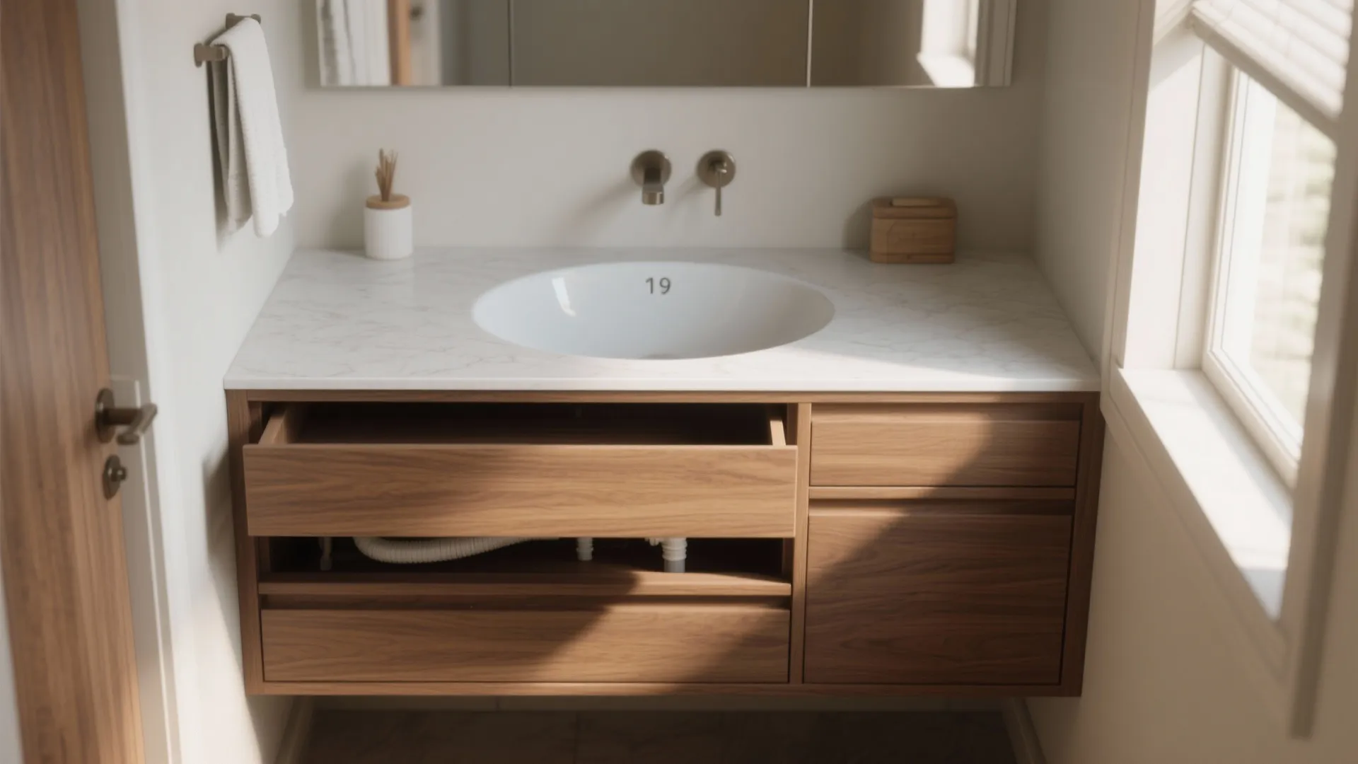 Modern wood bathroom cabinet with white marble counter and open drawer showing plumbing and pipes
