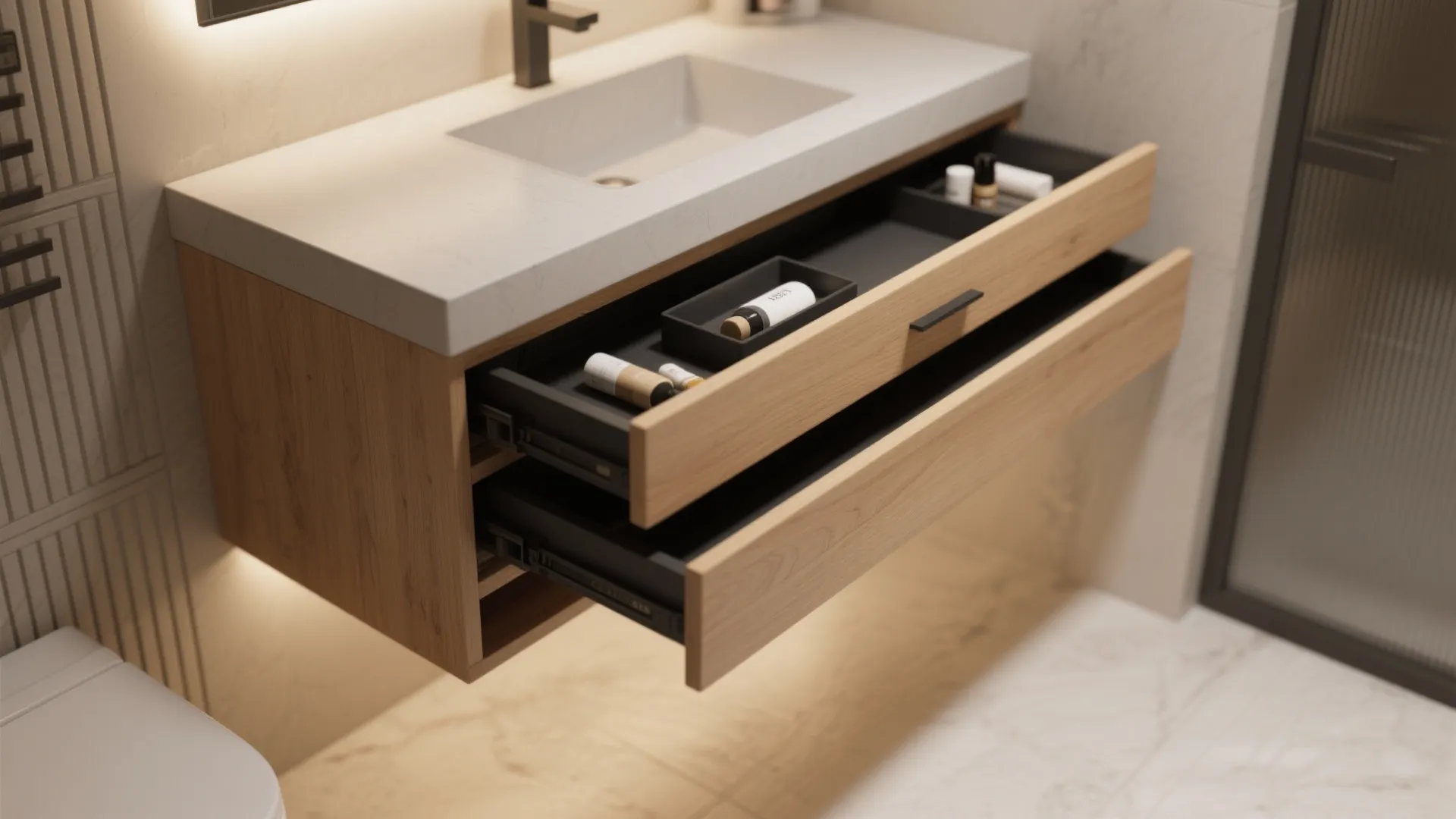 2. Slim floating vanity with integrated storage