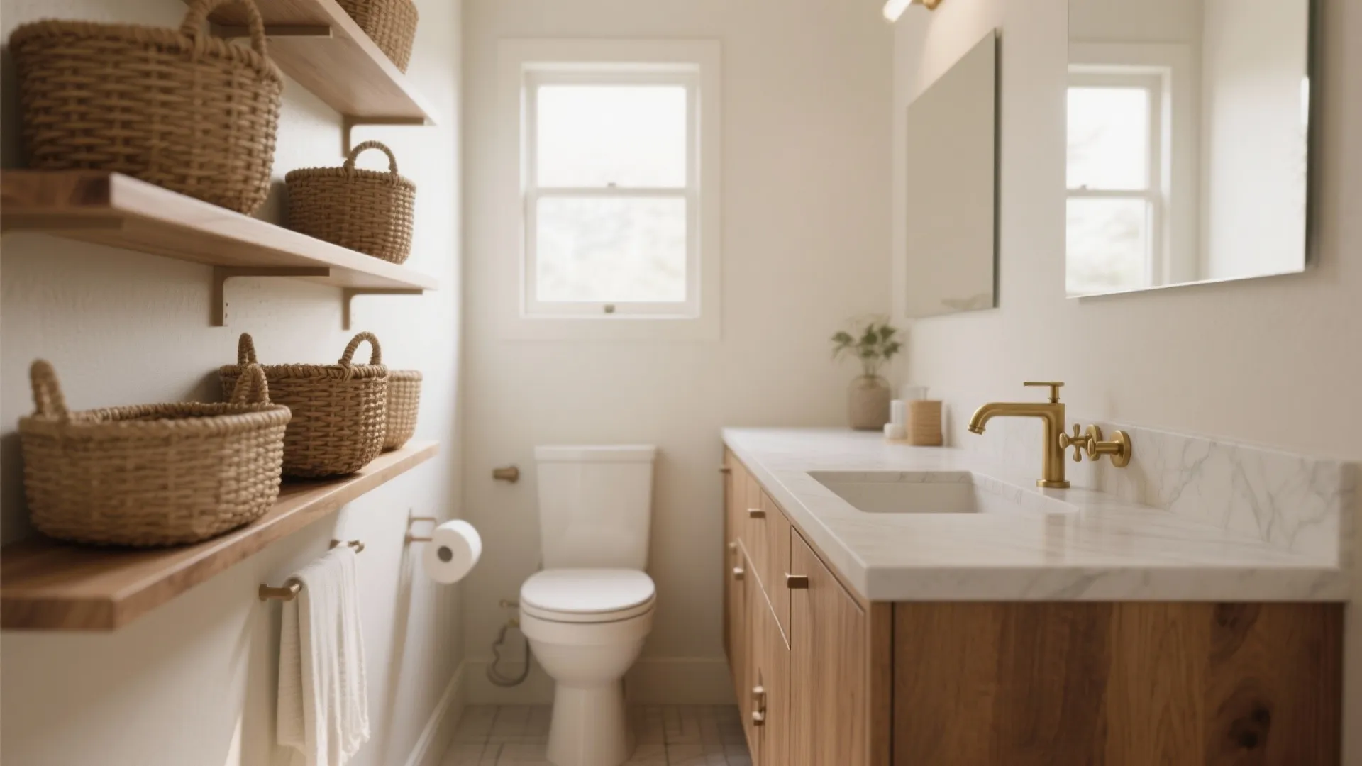 1. Compact vanity + open shelving