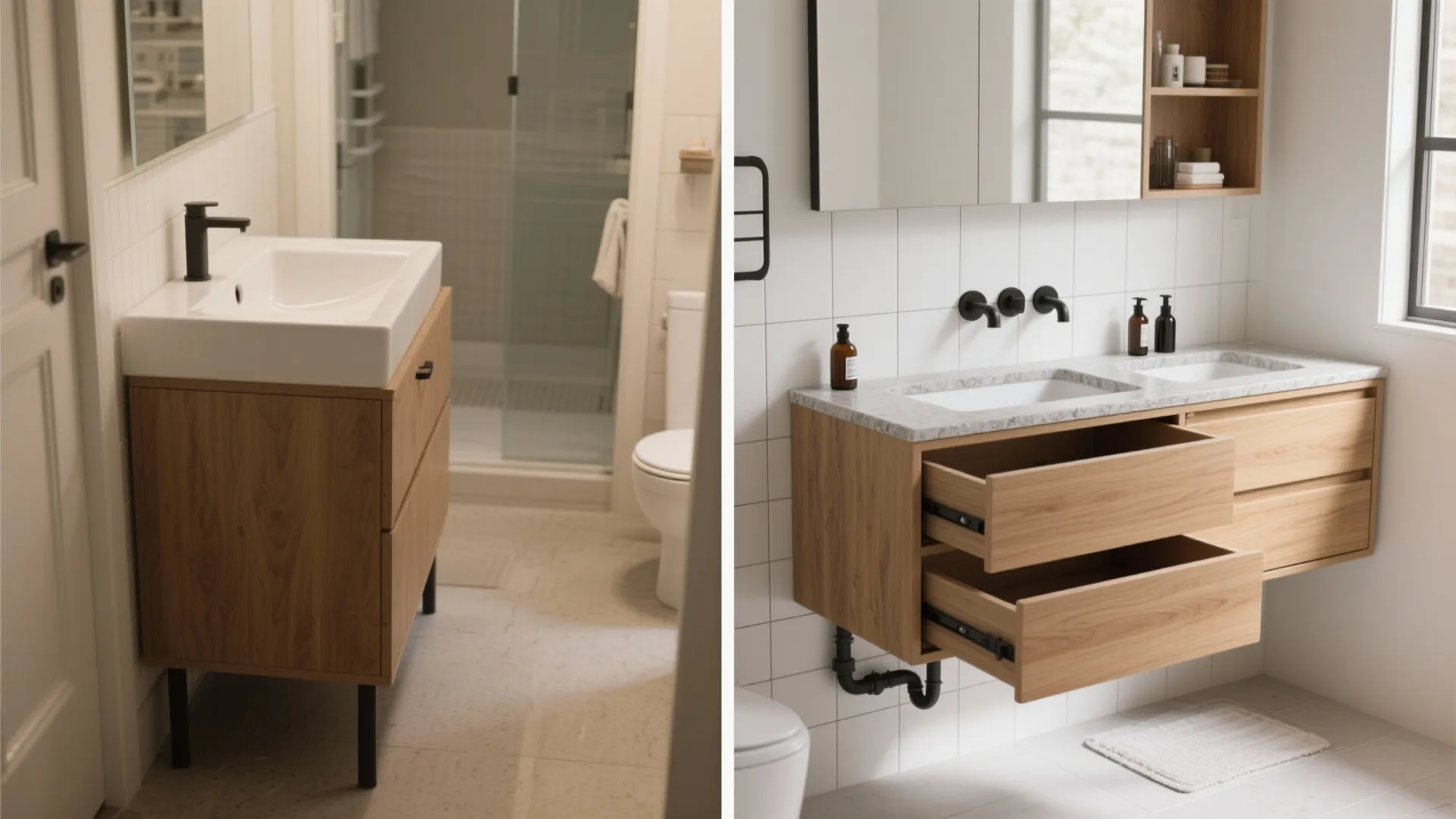 Split-screen before and after: bulky floor vanity replaced by a slim wall-hung unit with full-depth drawers and clear floor space.