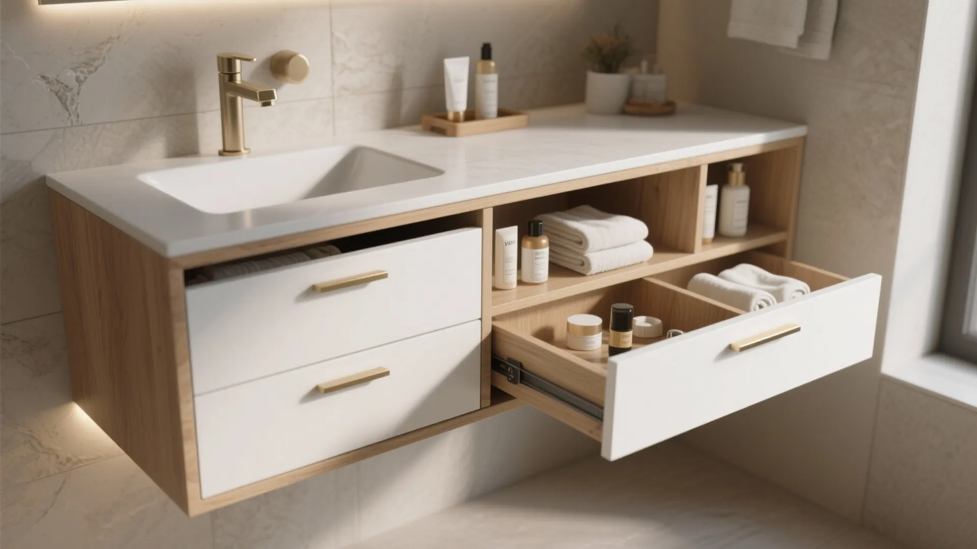 1. Slim floating vanity with integrated storage