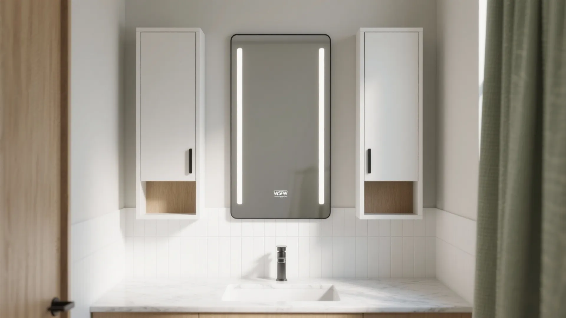 Vertical Slim Cabinets Above the Vanity