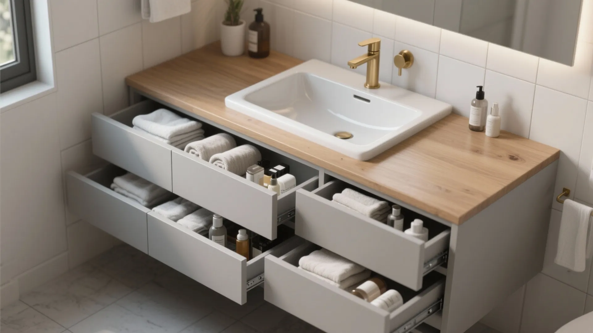 Slim vanity with integrated drawers