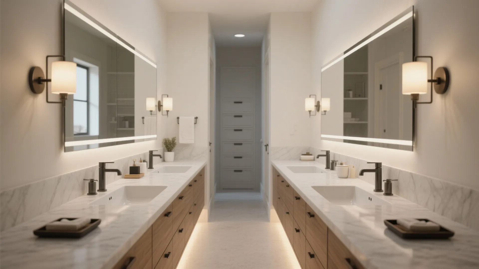 Slim double-vanity layouts for small bathrooms