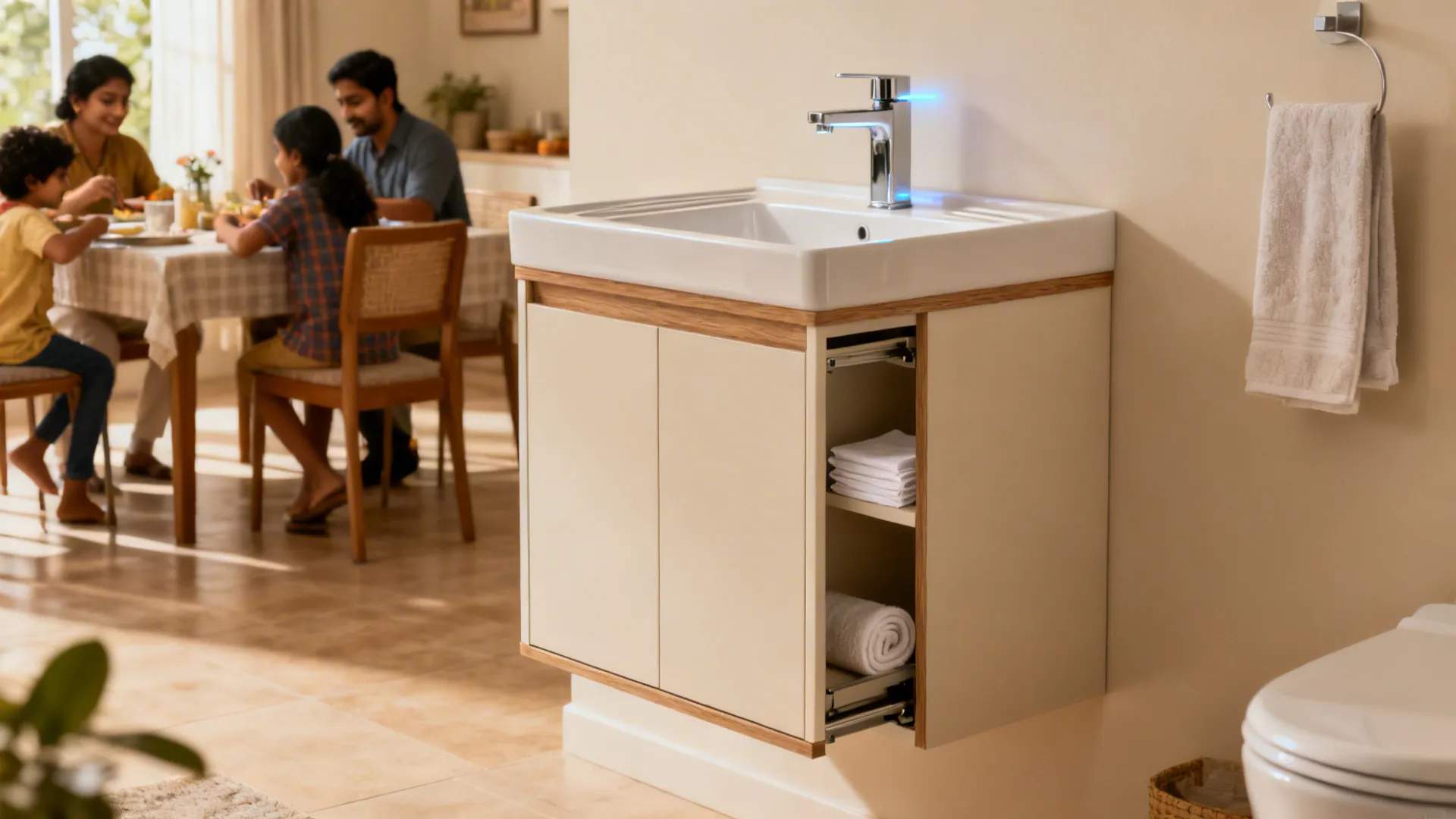 Slim vanity with storage and a touchless sensor faucet in a dining room corner.