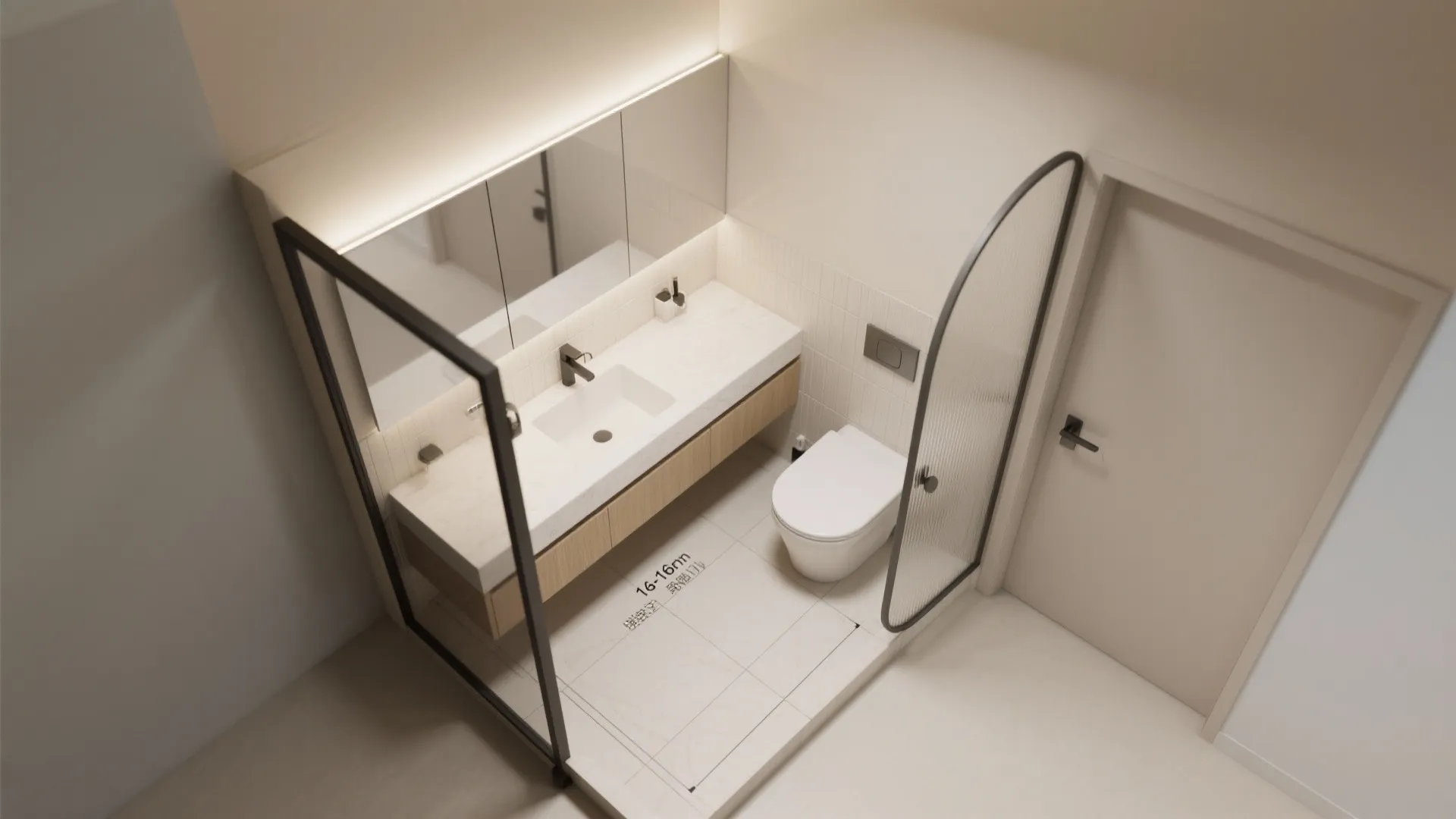 Top-down plan showing slim floating vanity in an L-shaped compact bathroom layout.
