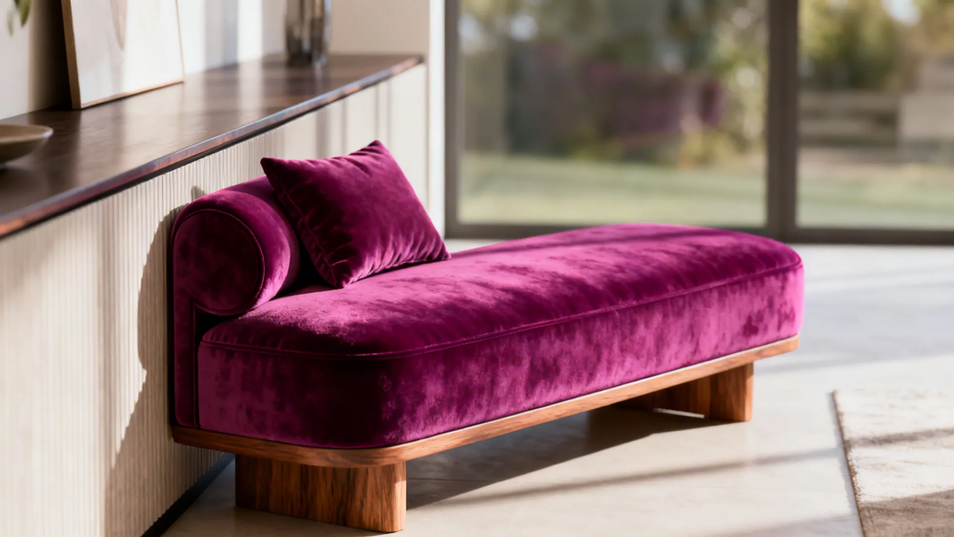 Purple velvet sofa with matching pillow on wood base in a bright room with window