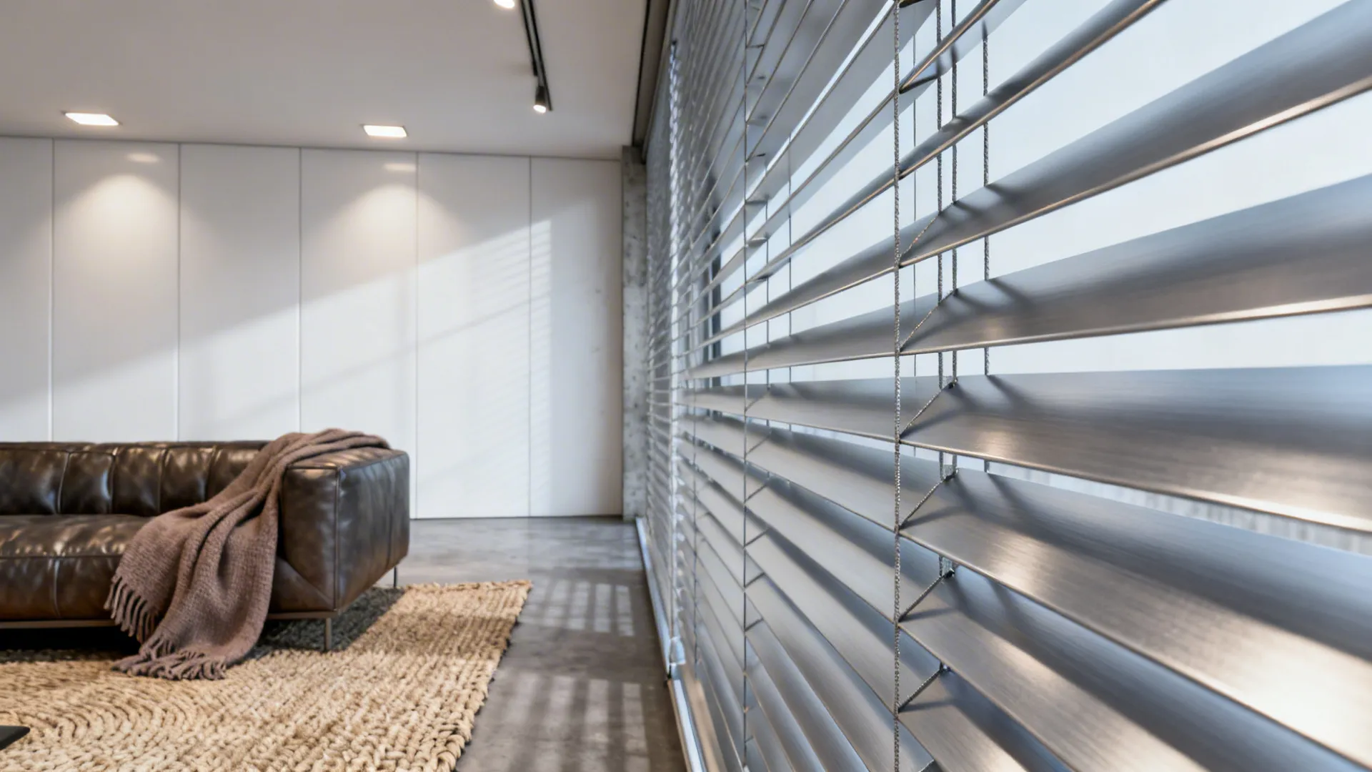 Slim aluminum venetian blinds in a minimalist living room with warm textiles