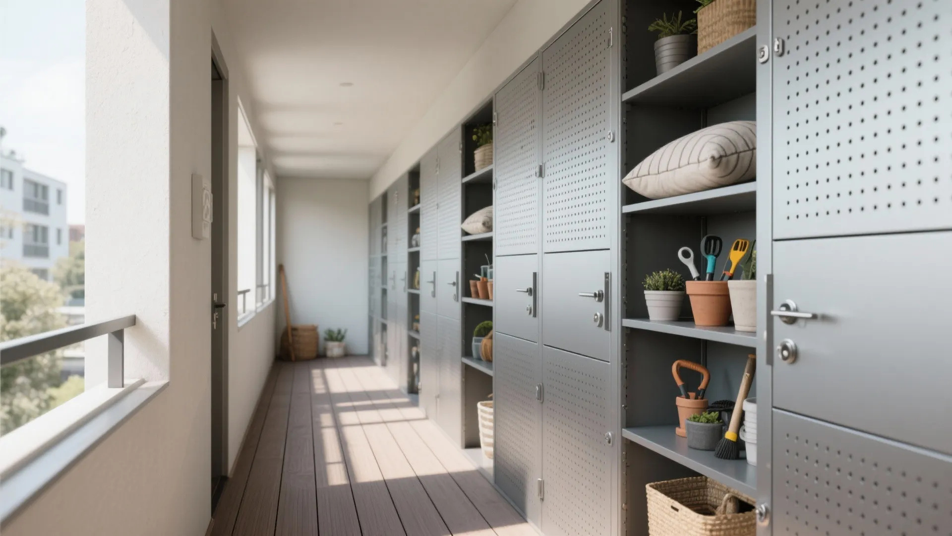 Narrow balcony with grey metal storage cabinets open shelves for plants and a wooden floor
