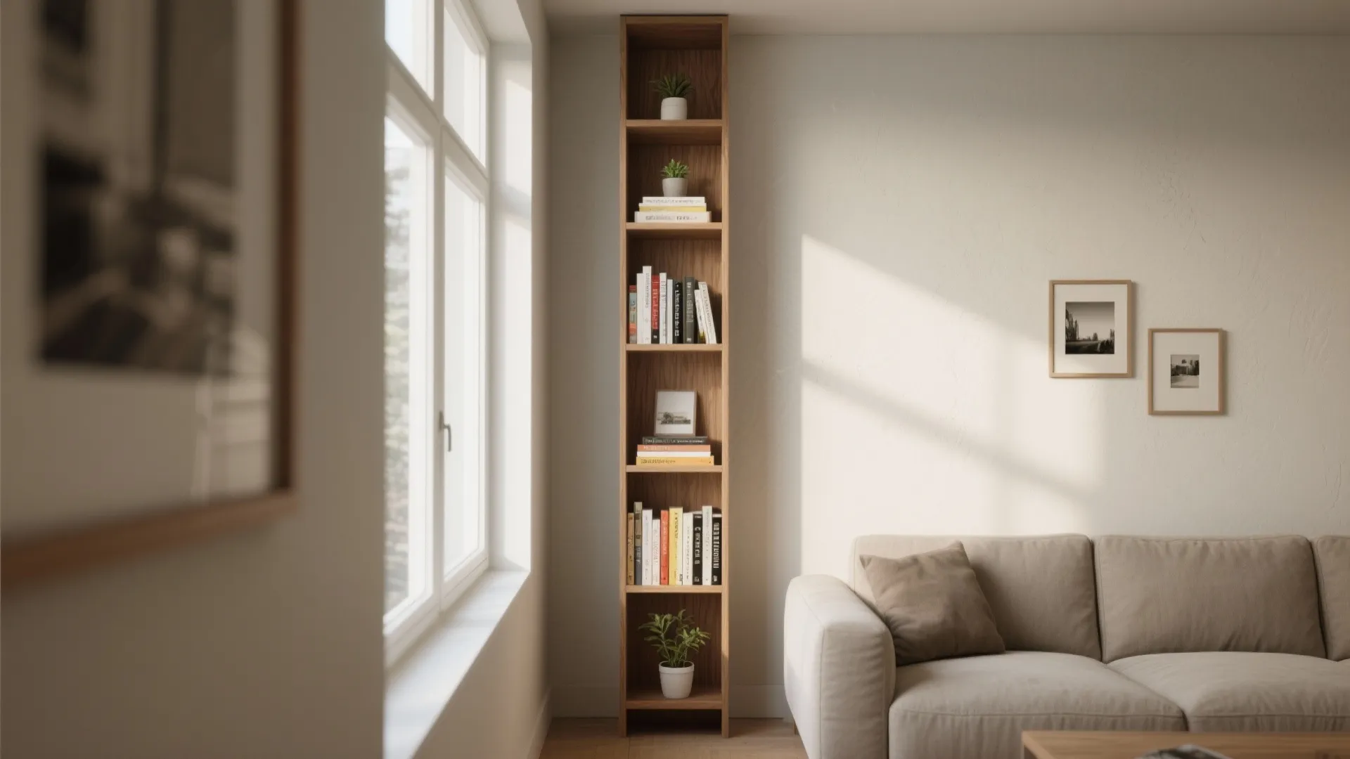 Tall narrow wood shelf beside a grey sofa with books and plants in bright living room