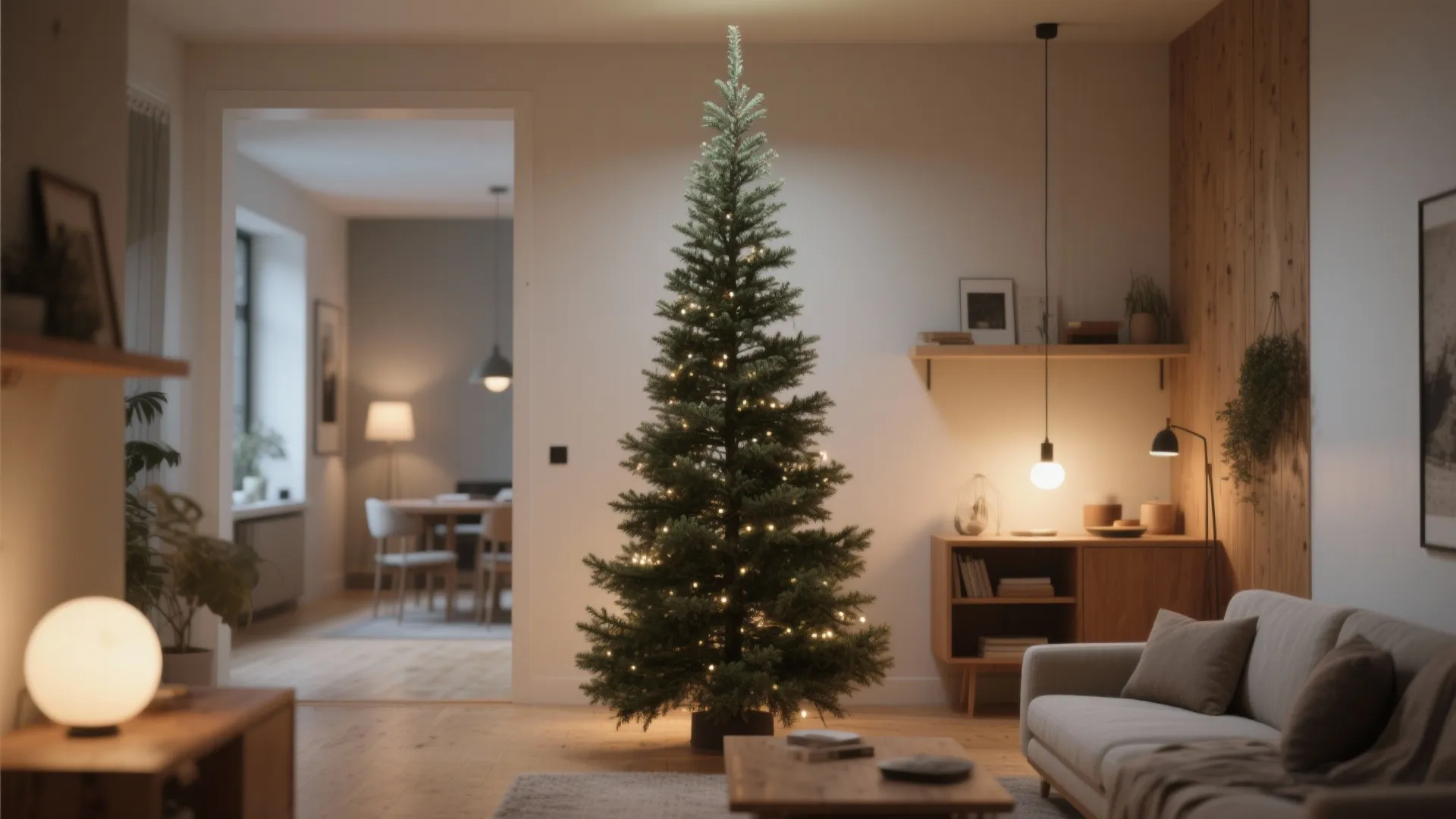 Tall slim Christmas tree with warm lights in modern living room with sofa and cabinet