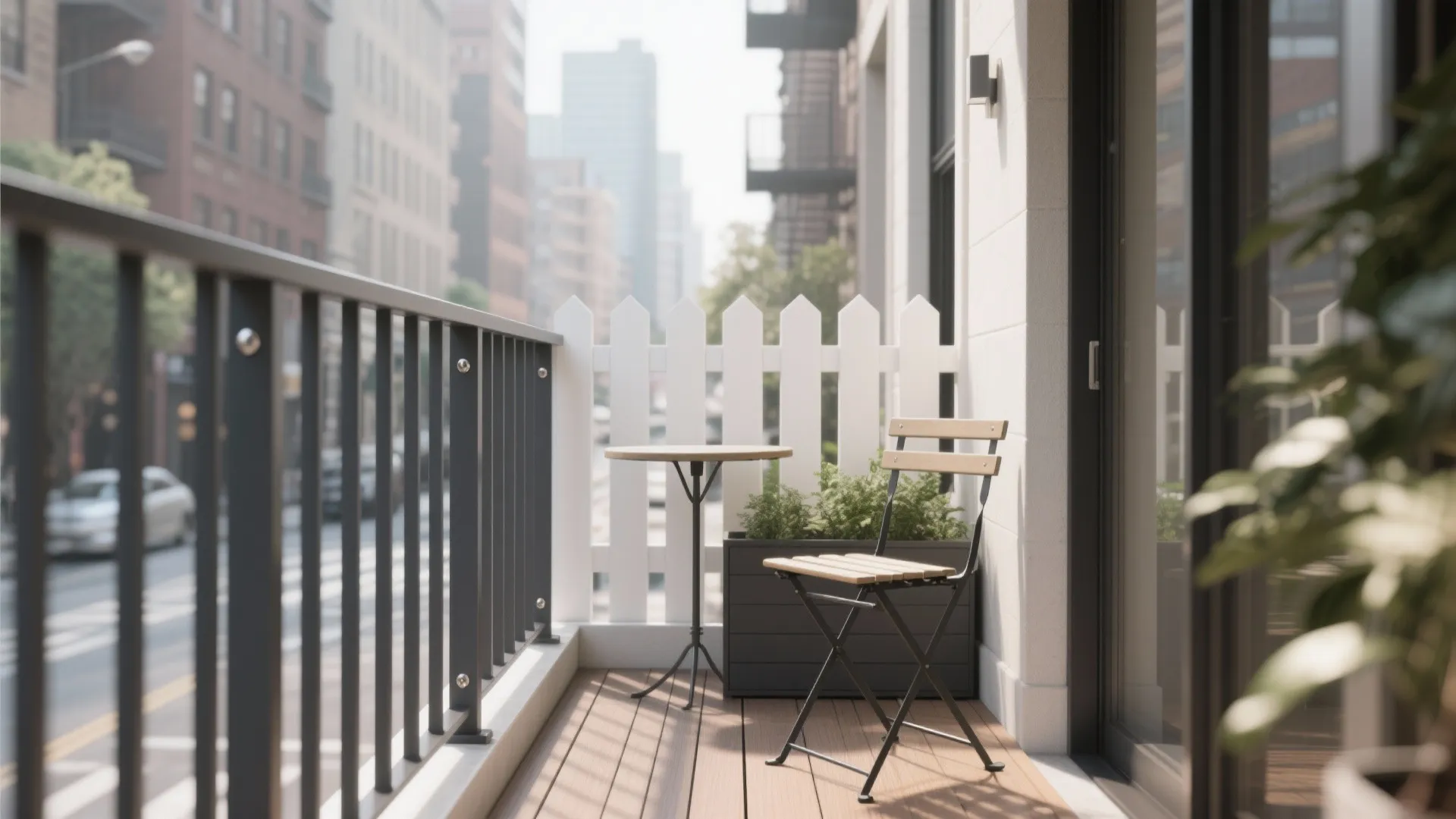 Small city balcony with black metal railing, wooden folding chair, round table, and white fence