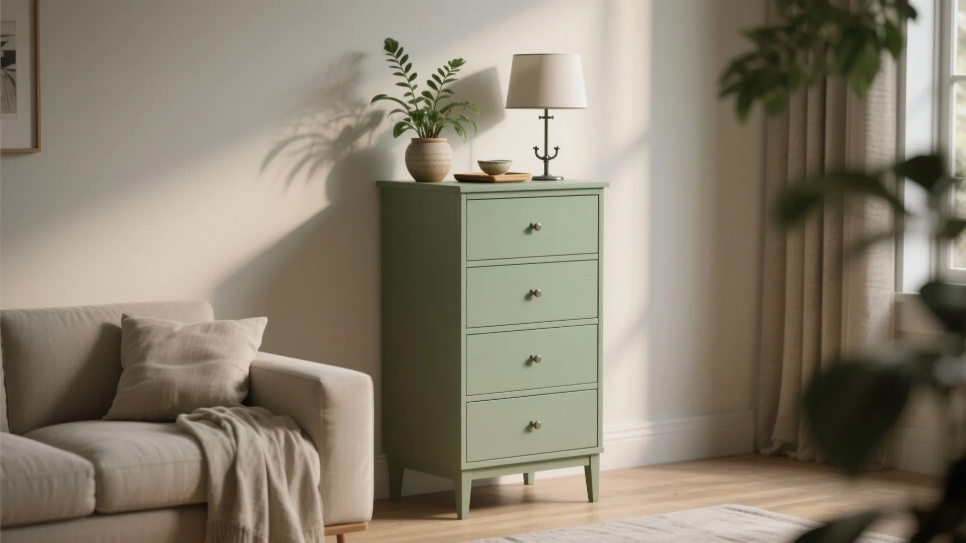 Tall narrow painted chest against a wall topped with plants and a lamp in a warm living room.