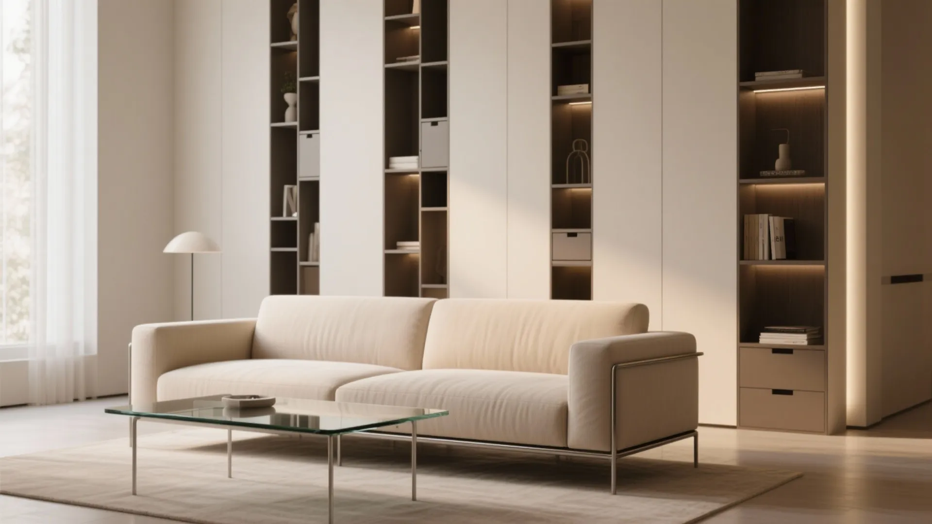 Modern living room with cream sofa glass coffee table and tall white wall cabinets with lights