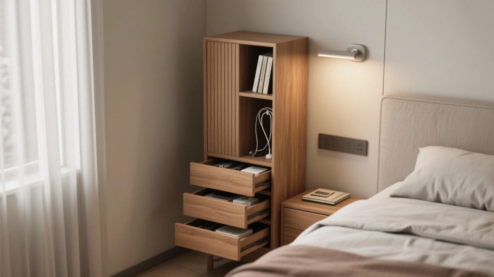 Slim wooden tall cabinet with open drawers standing next to a bed in small bedroom