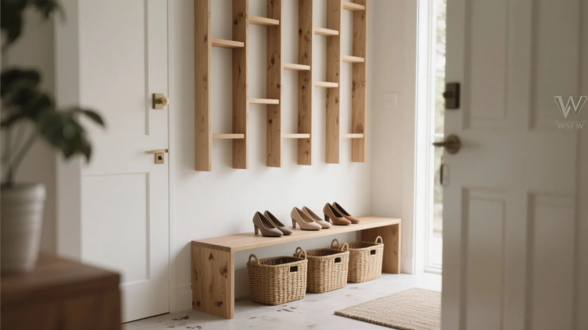 1. Slim vertical shelving by the door