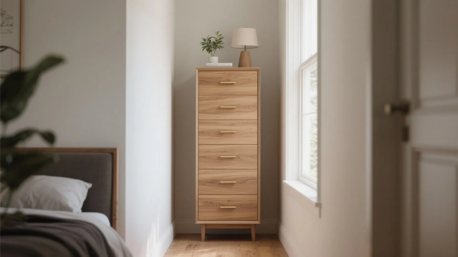 Narrow tall dresser in a bedroom niche, oak finish, slim profile, anchored to the wall to save floor space.