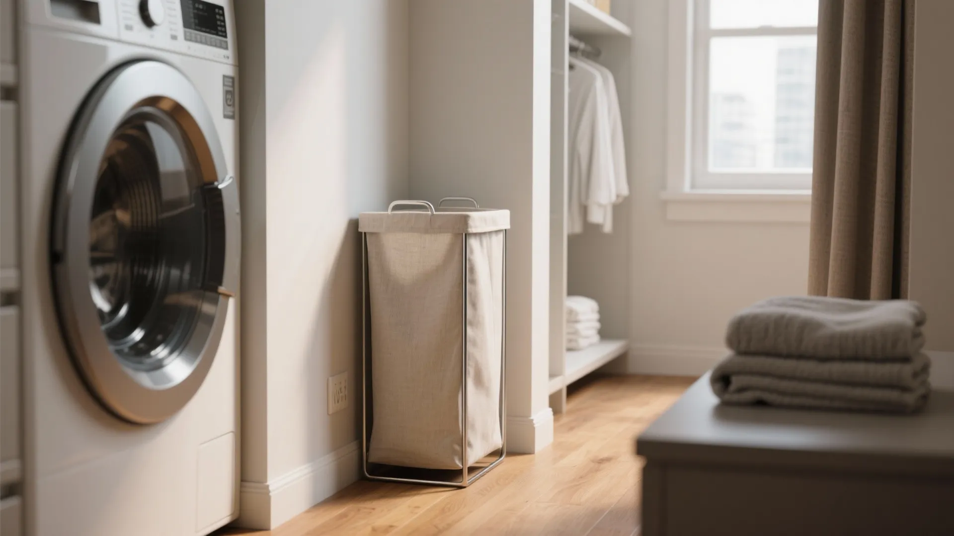 Slim tall beige laundry basket standing on wooden floor between a washing machine and wall