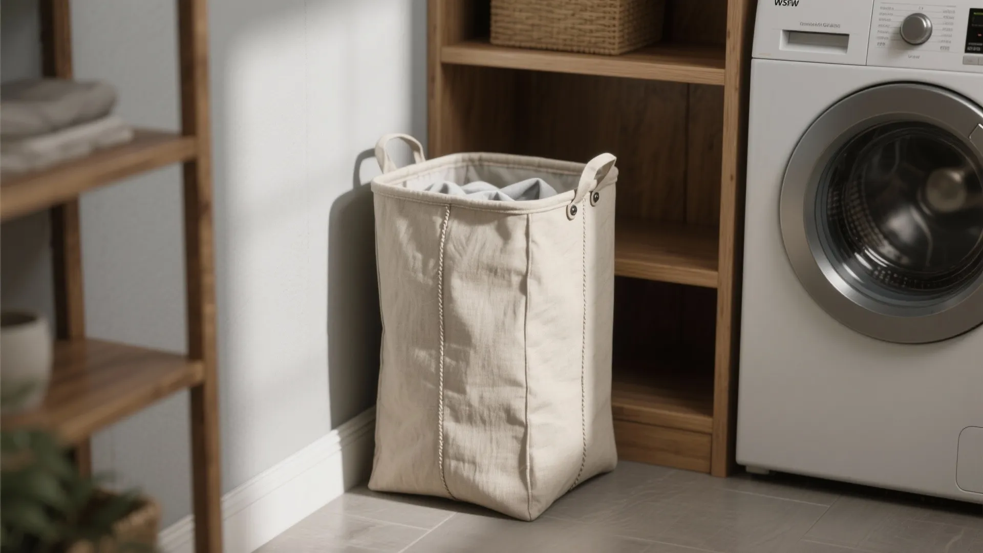 Tall slim vertical hamper tucked beside a washer in a narrow space.
