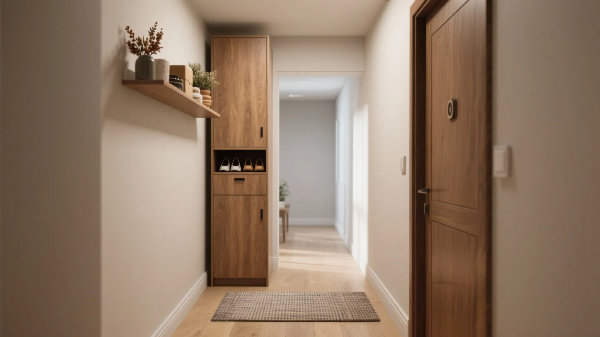 Tall slim wooden storage cabinet in narrow white hallway with floor rug and matching door