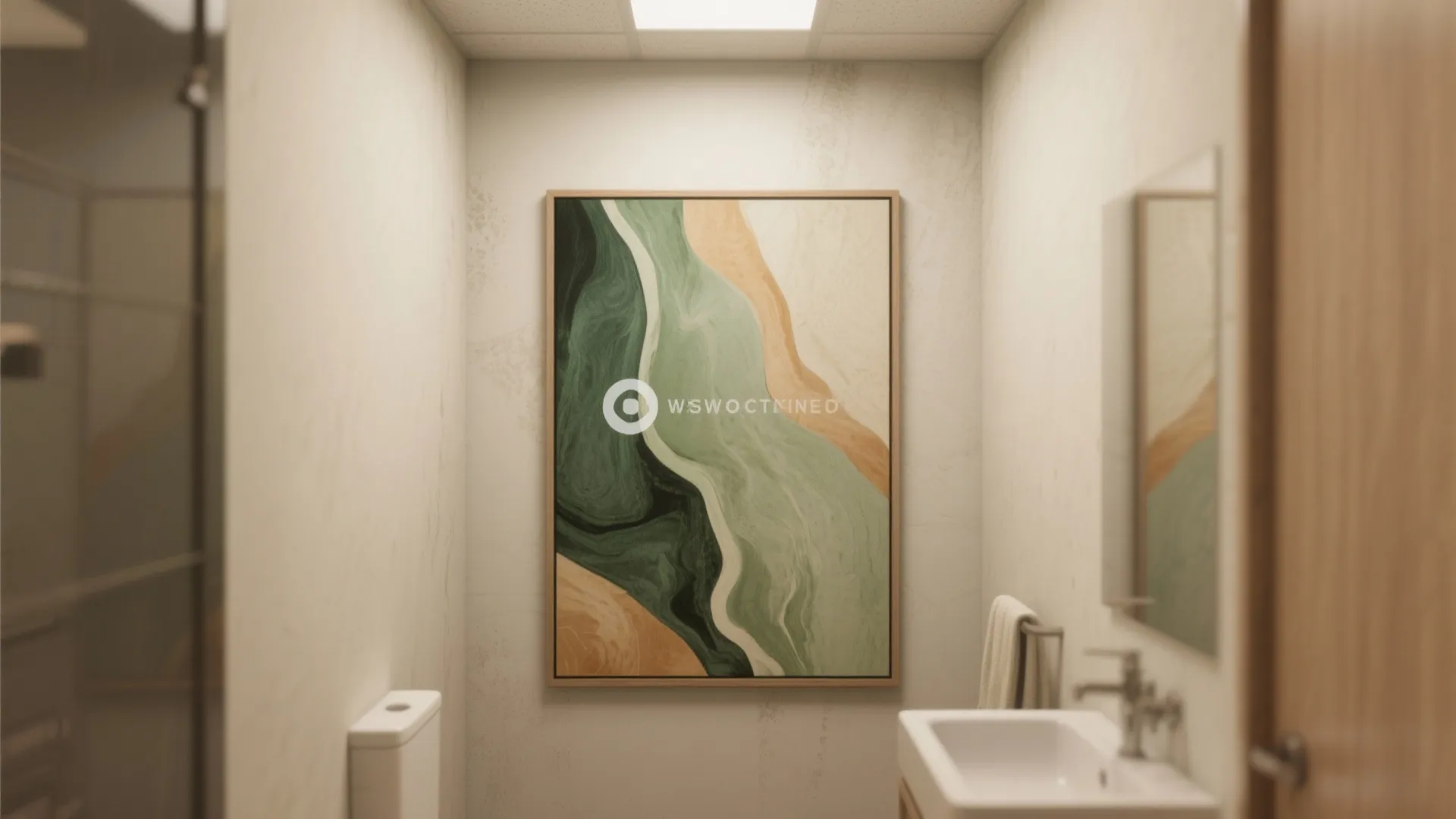 Tall slim abstract painting in muted greens hung on a small bathroom wall to create height