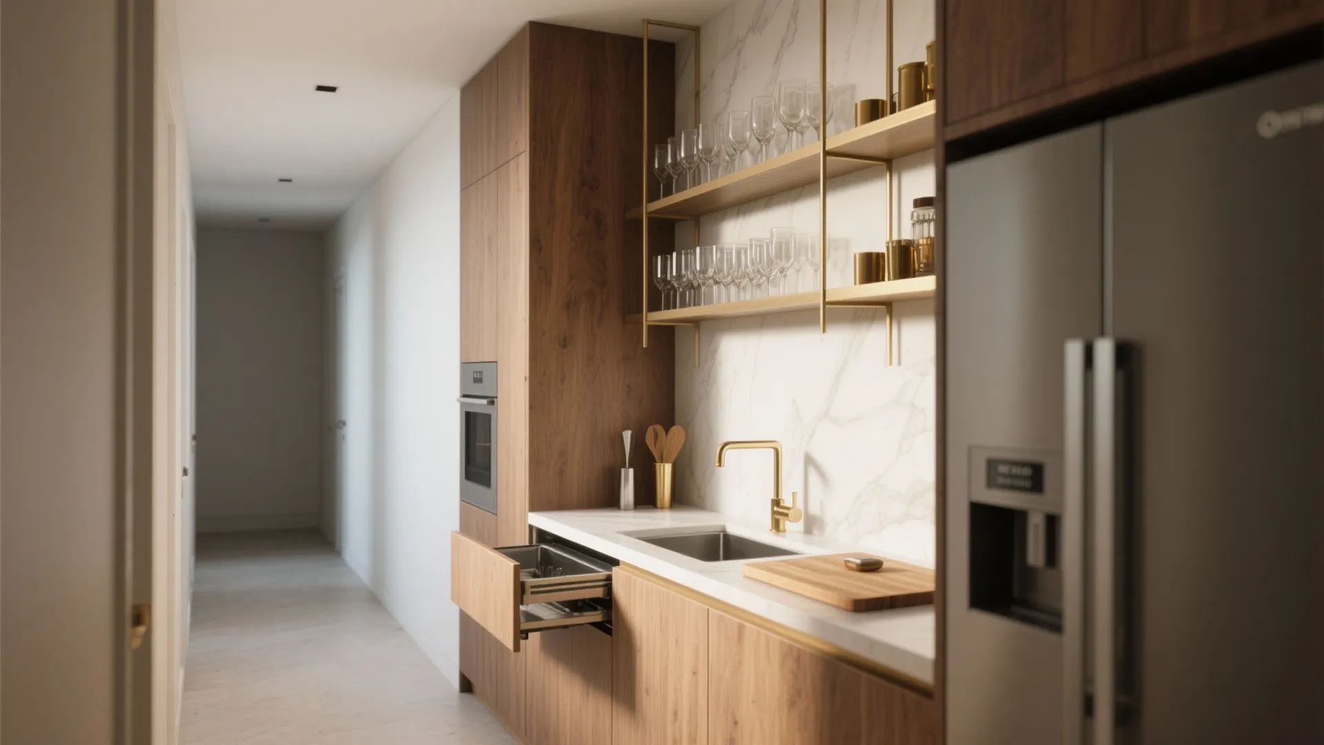 Modern kitchen with wood cabinets marble wall gold tap open drawer and shelves with glass cups