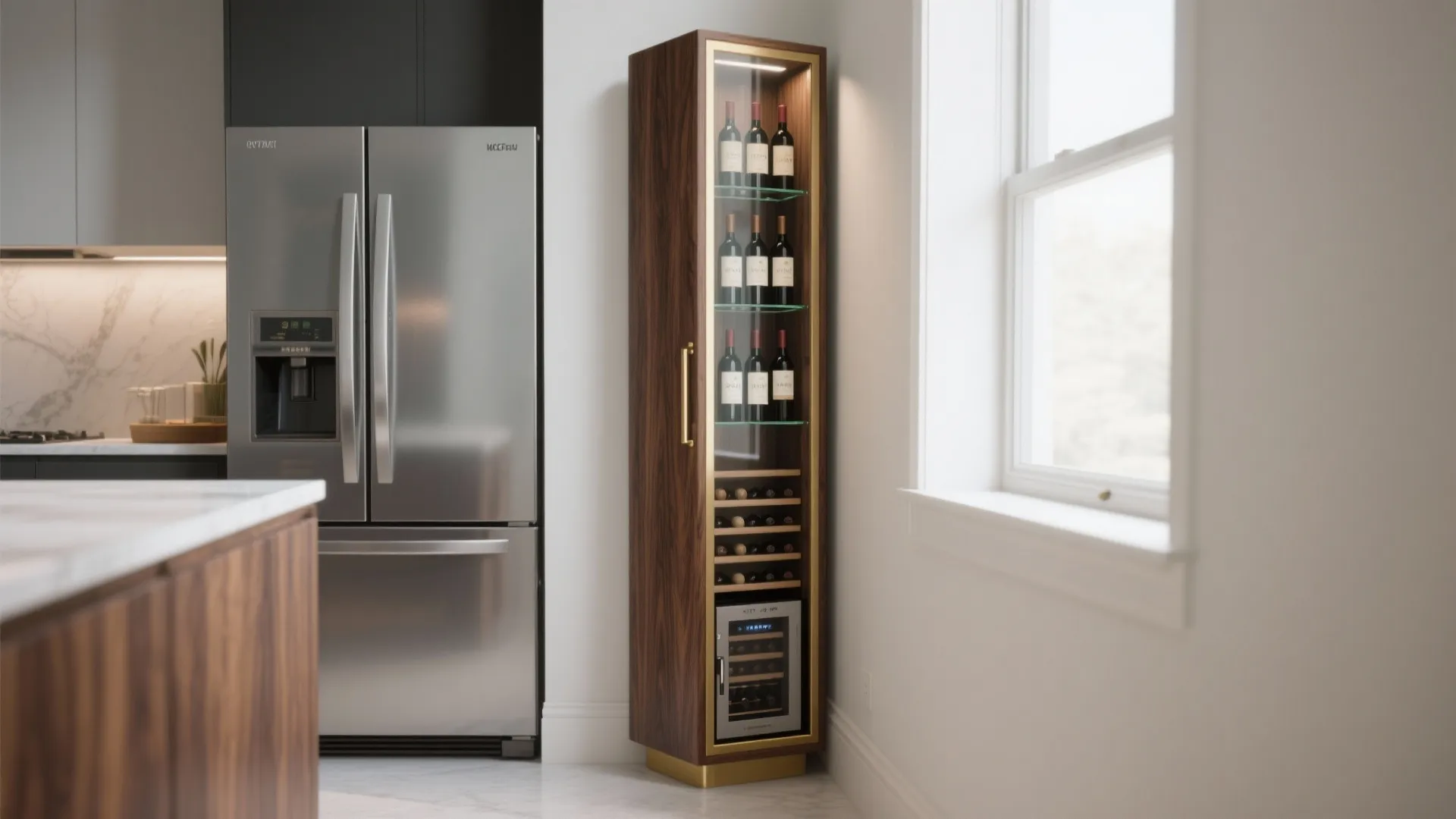 Tall wooden wine cabinet with glass door stands next to a silver refrigerator near windows