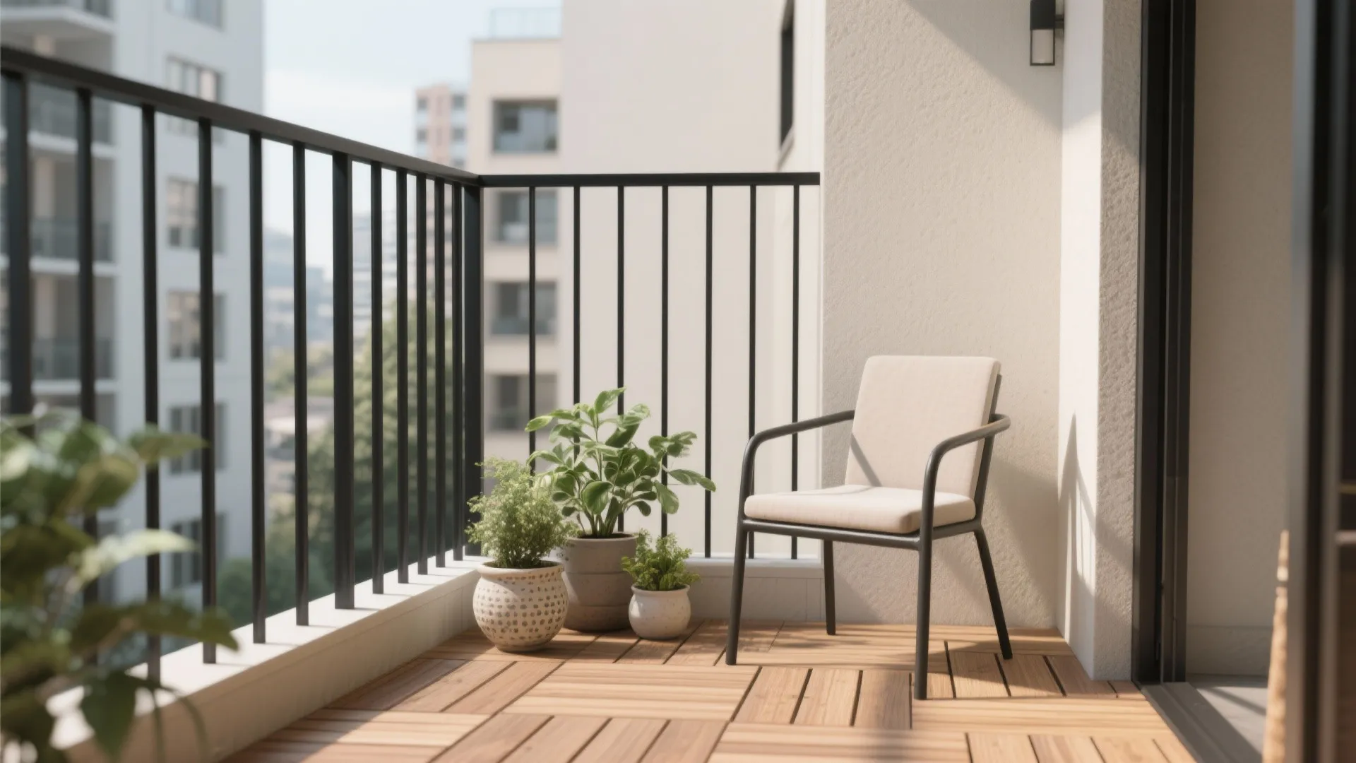 Small balcony with slim matte-black vertical safety bars, warm wood flooring, and plants.