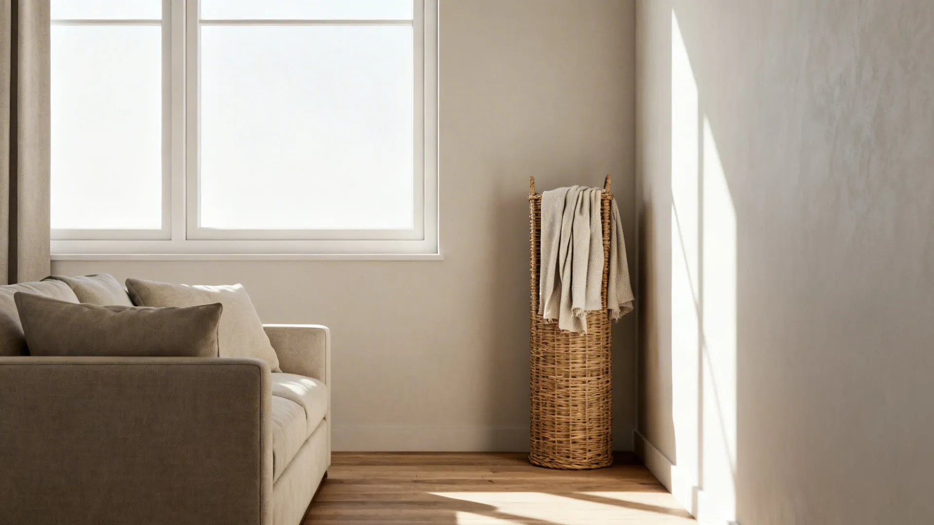 Tall slim woven basket in a narrow gap beside a sofa holding lightweight throws.