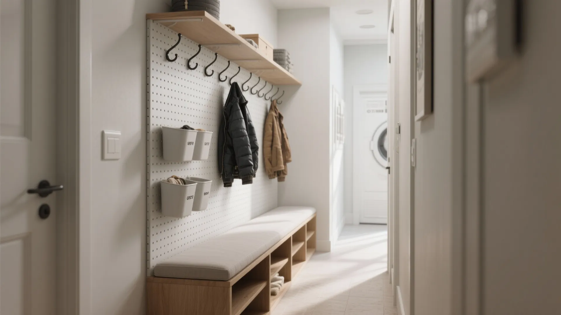 5. Slim bench with vertical storage and hanging hooks