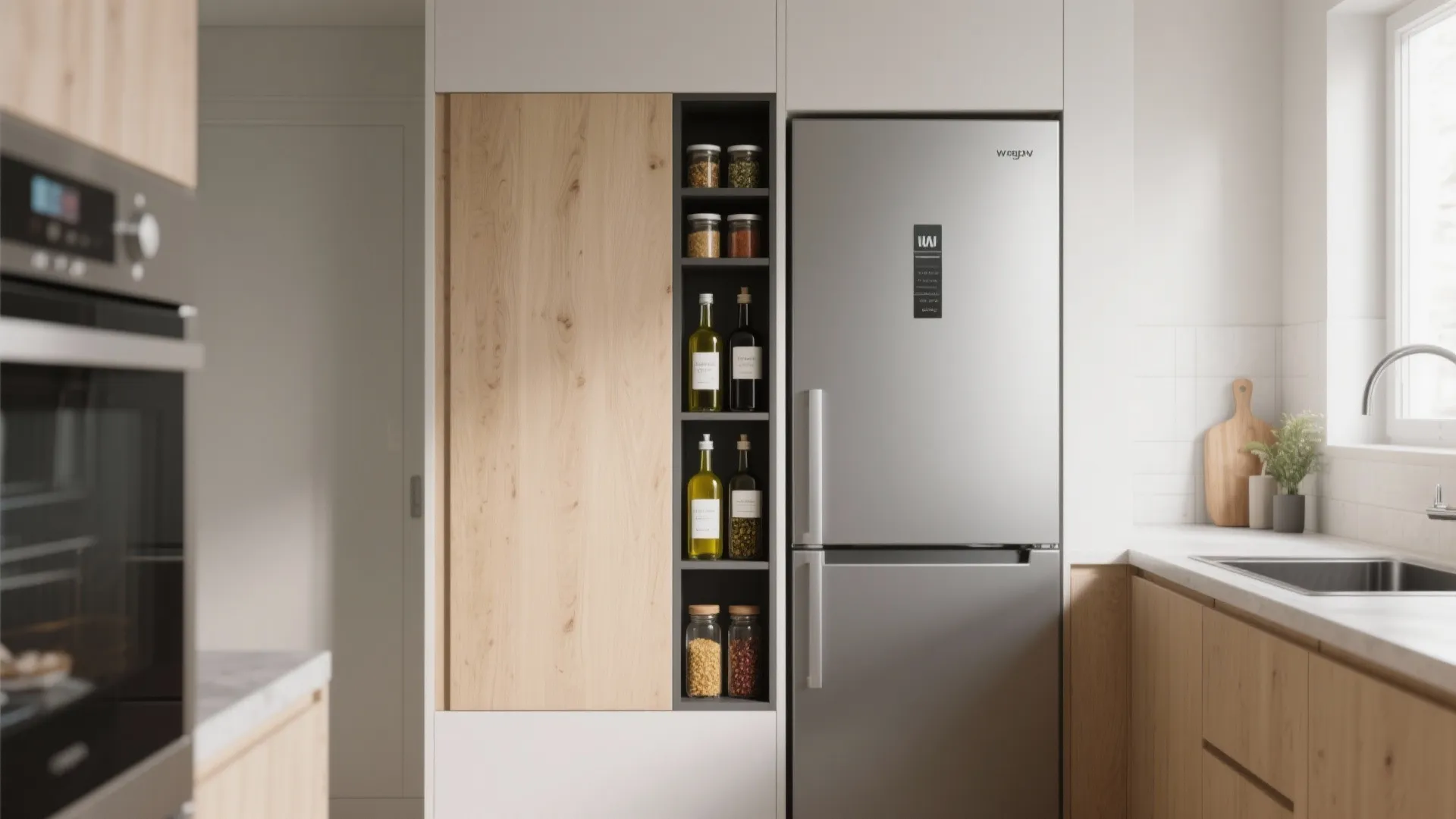 Modern kitchen setup with a silver fridge wood panels and a narrow vertical storage shelf
