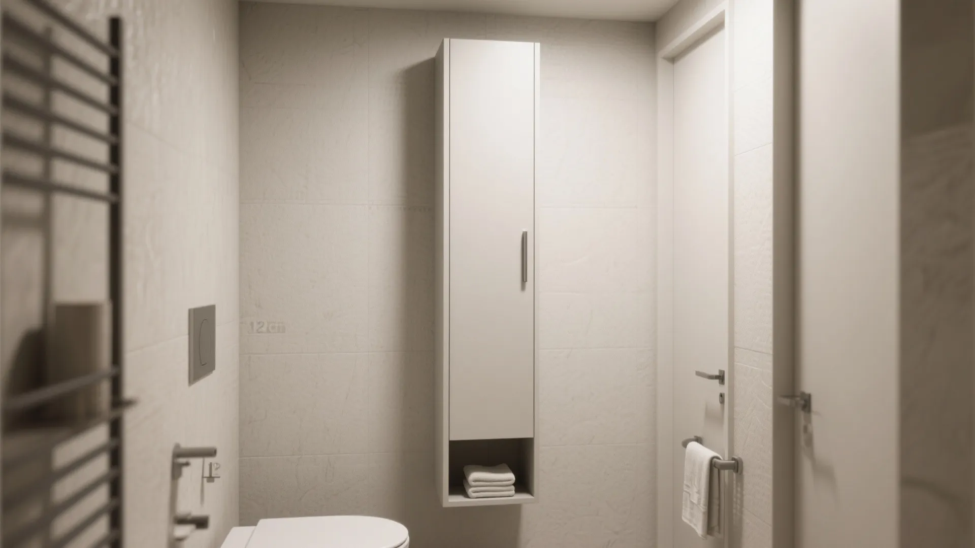 Tall slim white bathroom wall cabinet with open shelf for towels next to a door