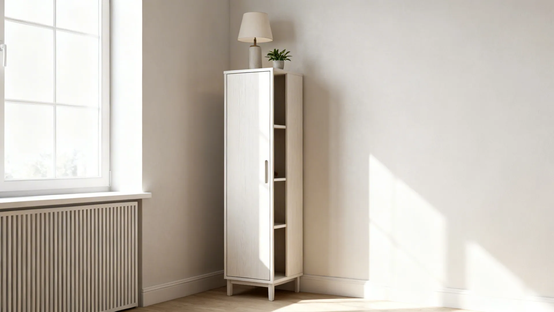 Slim vertical cabinet end table in a narrow living room corner, showing a space-saving tall profile.