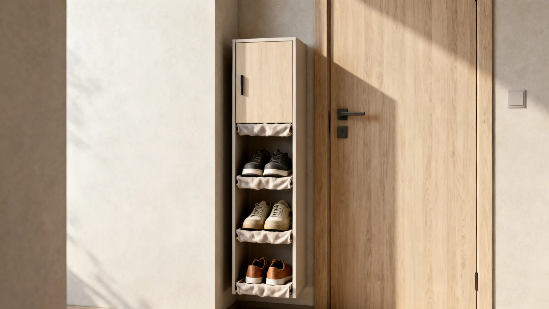 Slim vertical shoe cabinet in a narrow gap beside a door with neatly stacked shoes.