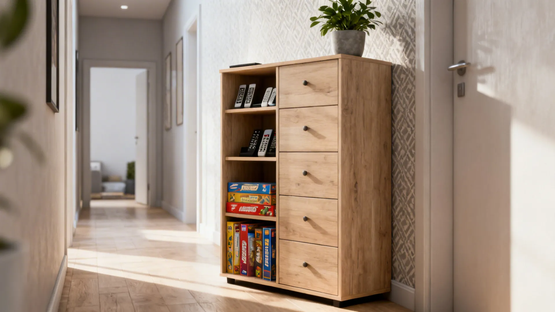 Narrow corridor with a tall slim chest of drawers keeping the path clear and storing games.
