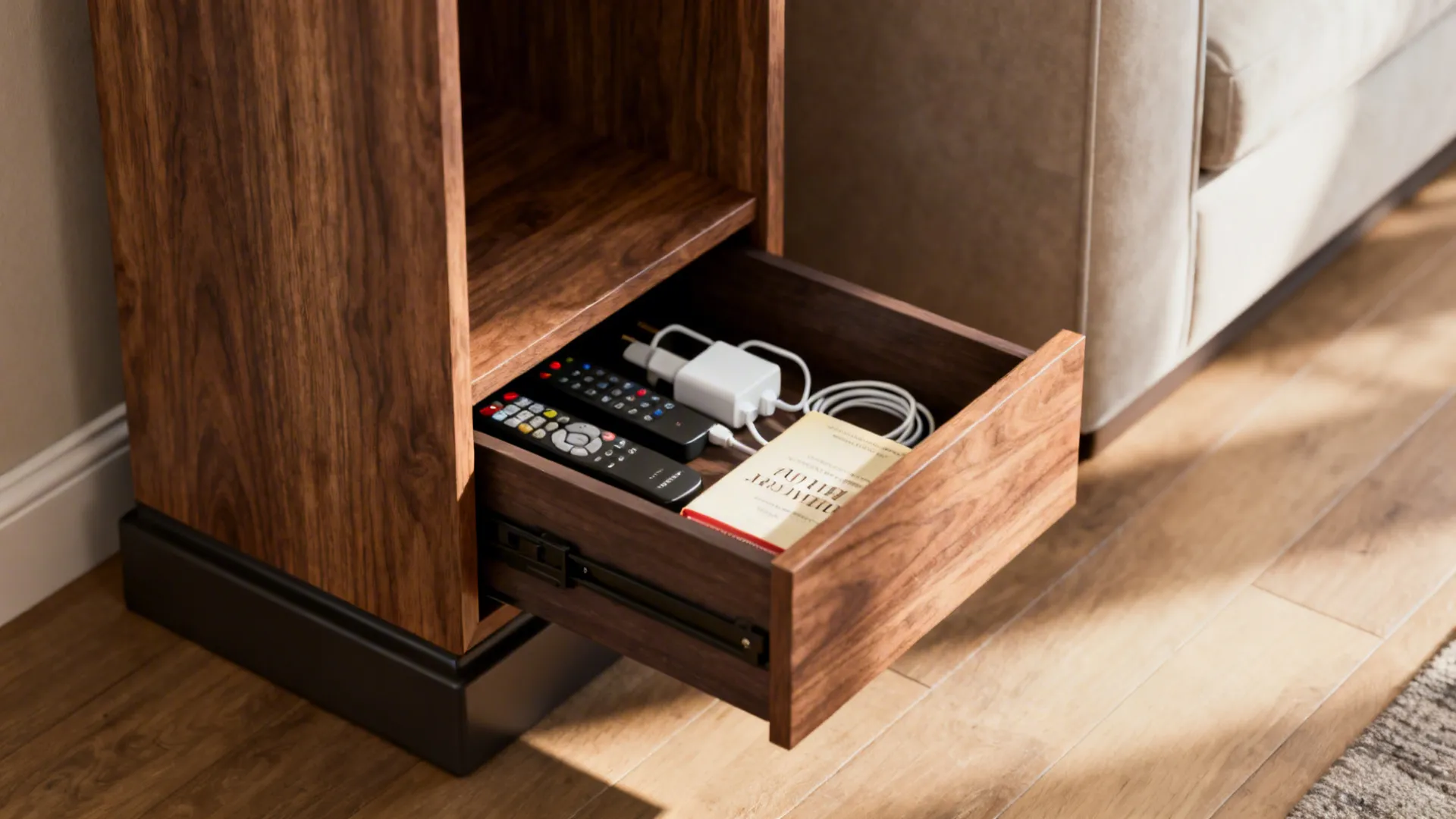 Close-up of a slim vertical end table with a deep drawer storing remotes and chargers