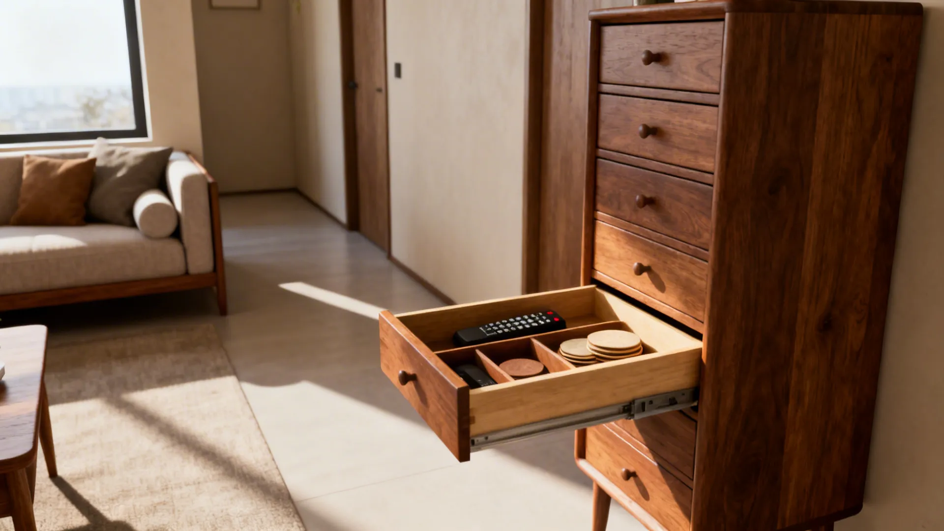 Tall slim side table with multiple shallow drawers next to a sofa in a small living room